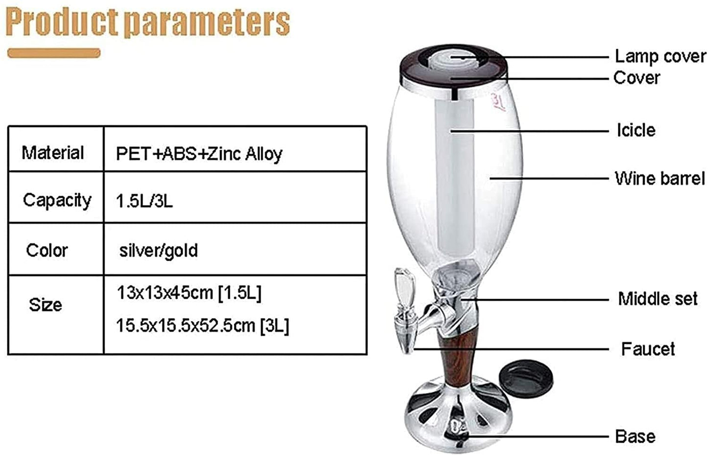 3L Beer Tower Dispenser with Ice Cooling, LED Light, and Tap, Ideal for Parties, Bars, and Home Use – Transparent Column with Clear Scale, Gold(Silver)