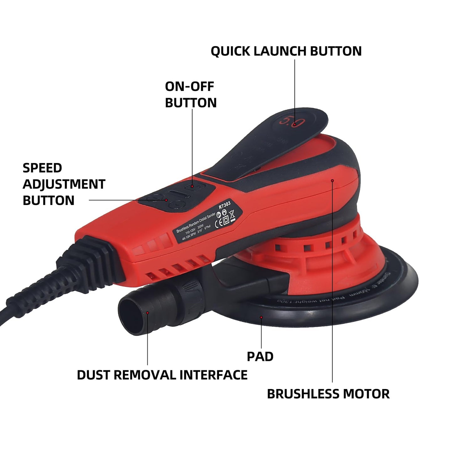 5mm Random Orbital Sander Wired，350W Brushless，4000-10K RPM Variable Speed ，Electric Palm Sander for Woodworking, Sanding and Polishing ，with 10 Sanding Paper & Dust Connector & Hose