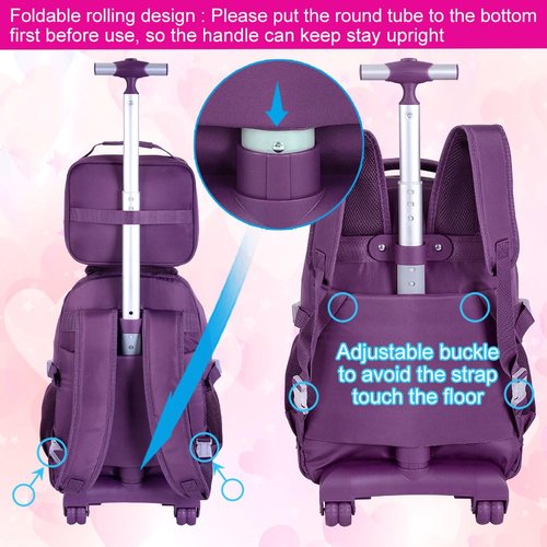 CCJPX 3PCS Rolling Backpack for Girls, Women Roller Bookbag with Lunch Box for Adults, Water Resistant Wheeled School Bag for Teens Kids Travel - Dark Purple