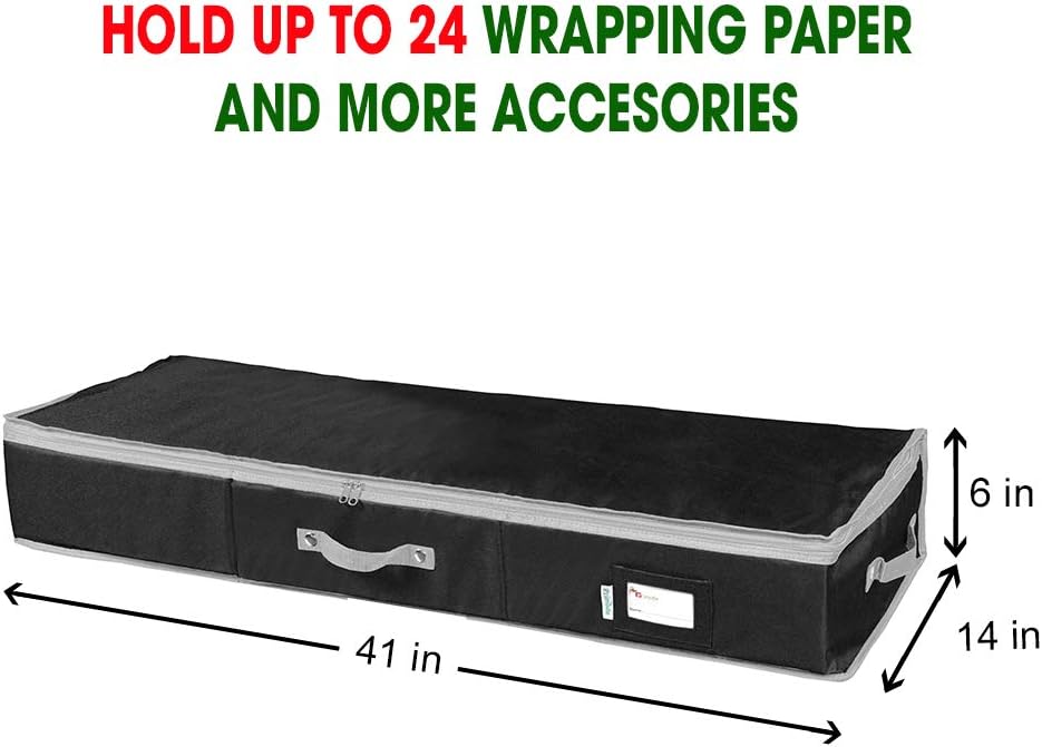 Primode Wrapping Paper Storage Container - Under Bed Gift Wrap Organizer | 41”x14”x6” | Holds 18-24 Rolls Up to 40” | Durable 600D Oxford Material | Pockets for Ribbons and Bows (Black)