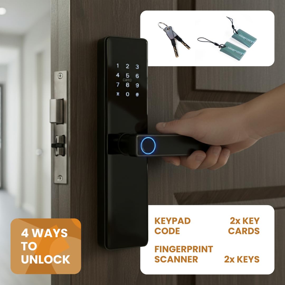 Stilaris Slim Smart Lock with Handle – 4-in-1 Biometric Fingerprint Door Lock, Thin Profile Mortise-Style Keyless Entry for Home, Office & Patio Doors, Waterproof Electronic Keypad & IC Card Access