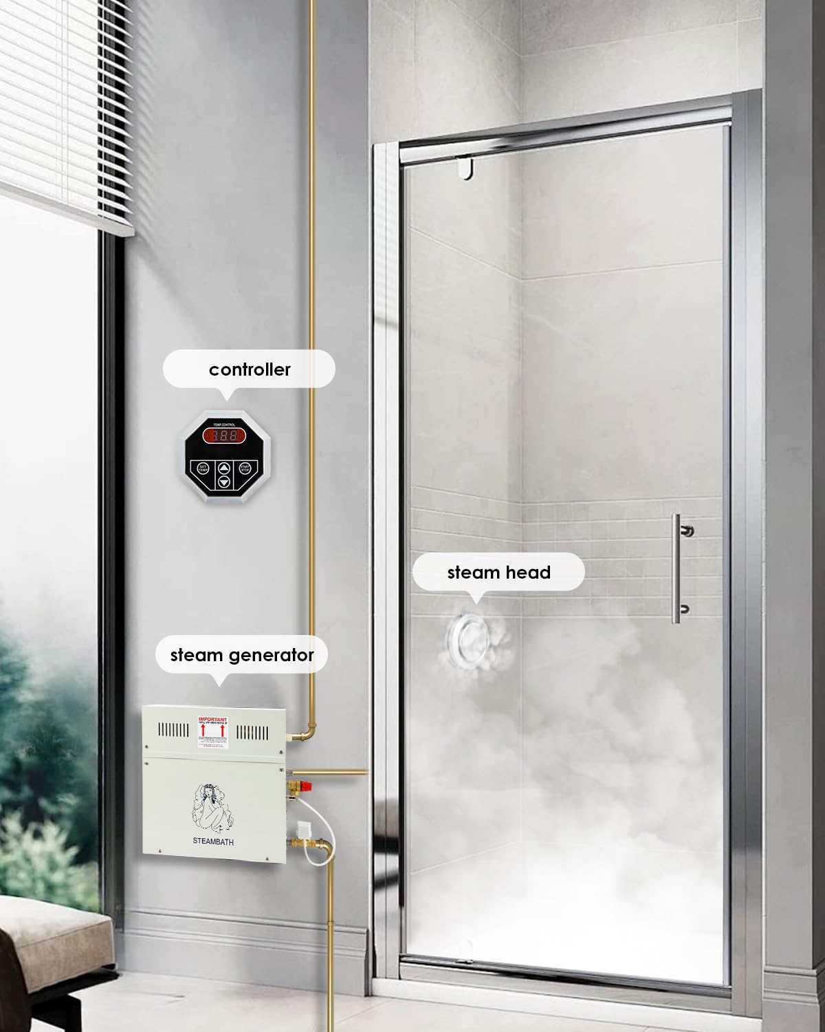 CGOLDENWALL 10.5KW Luxury Steam Generator Shower System Kit Complete Home Steam Sauna Spa Steam Bath Generator with Waterproof Control and Auto Drain 95-131℉ Max Space Heating 10.5 m³/371 ft3 (10.5KW)