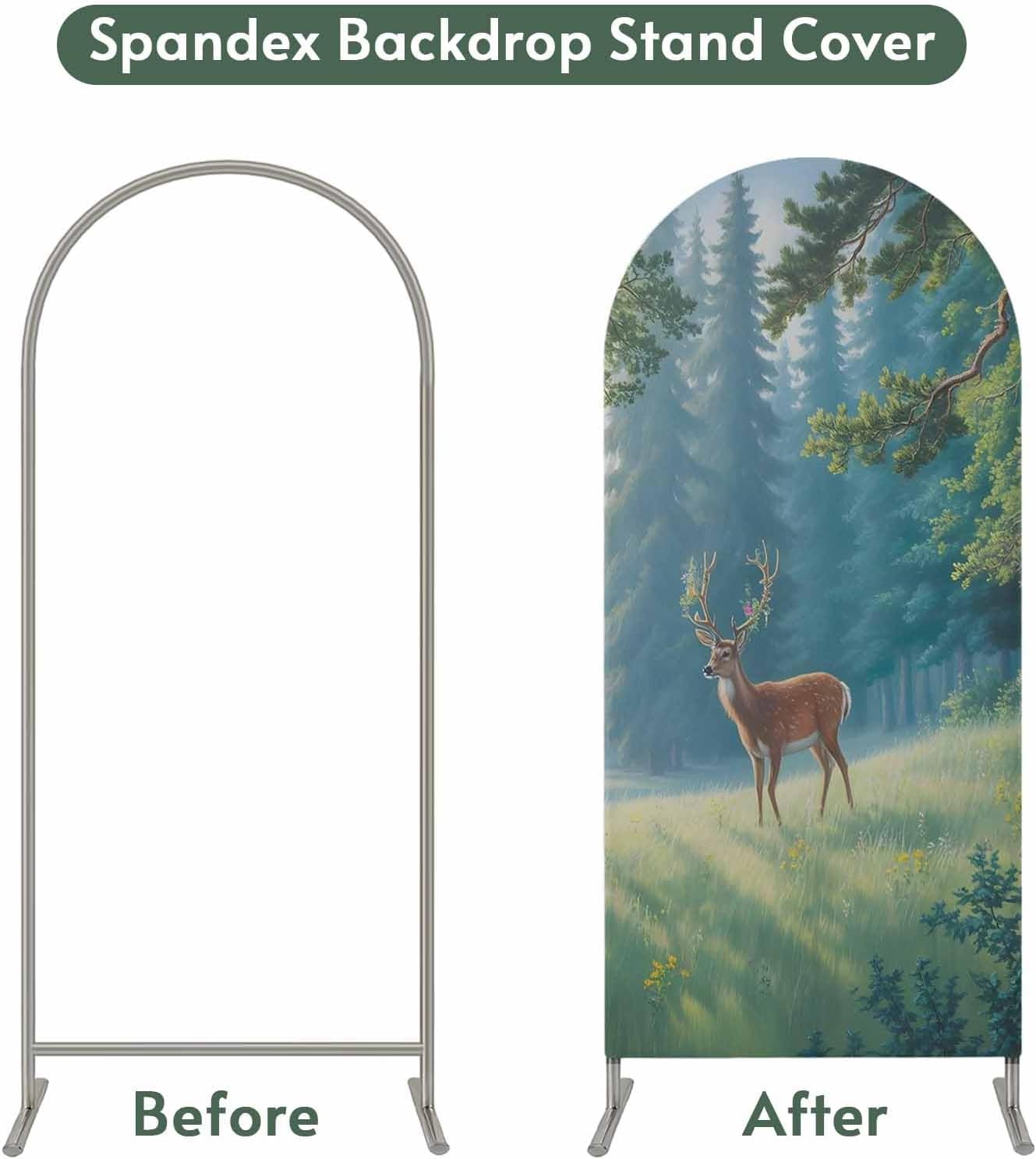 Jnbasdffb 7.2 Forest Elk Wedding Arch Cover,Stretchy Spandex Arch Backdrop Stand Covers FT,Green Trees Leaves Landscape