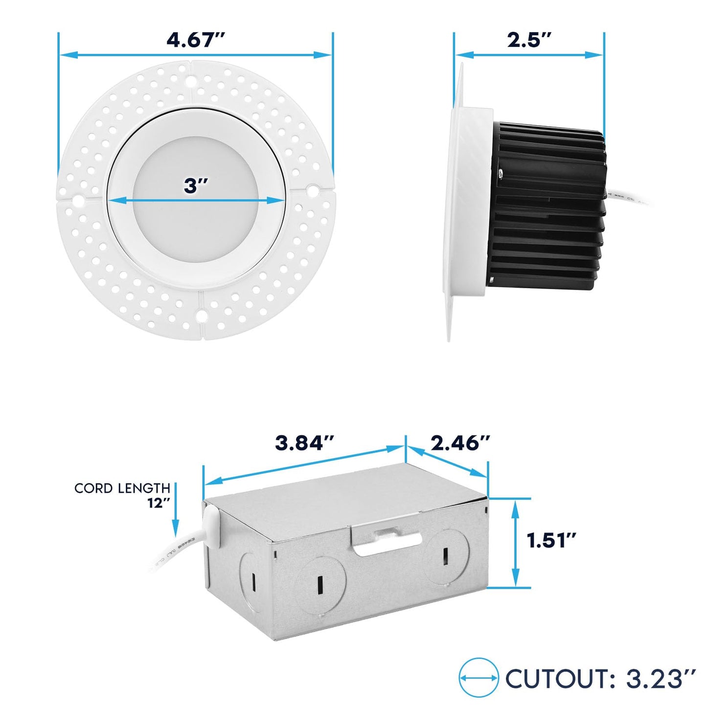 LUXRITE 3 Inch Trimless LED Recessed Light with Junction Box, 5CCT Selectable 2700K-5000K, 10W, 750LM, Dimmable, Wet & IC Rated, Canless Downlight, ETL Listed, New Construction and Remodel (6 Pack)