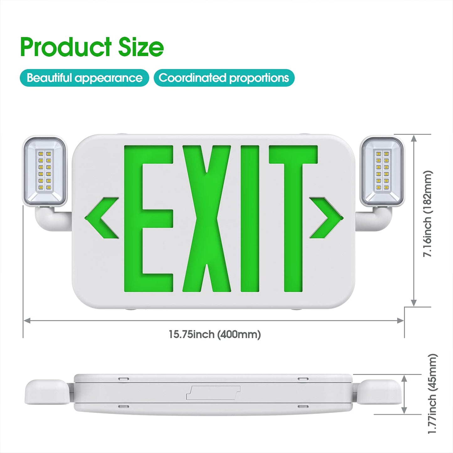 SITISFI Led Combo Emergency Exit Sign Light with Two Adjustable Head Lights and Backup Battery,US Standard Green Letter Commercial Emergency Exit Lighting,UL 924,120/277V (2Pack)
