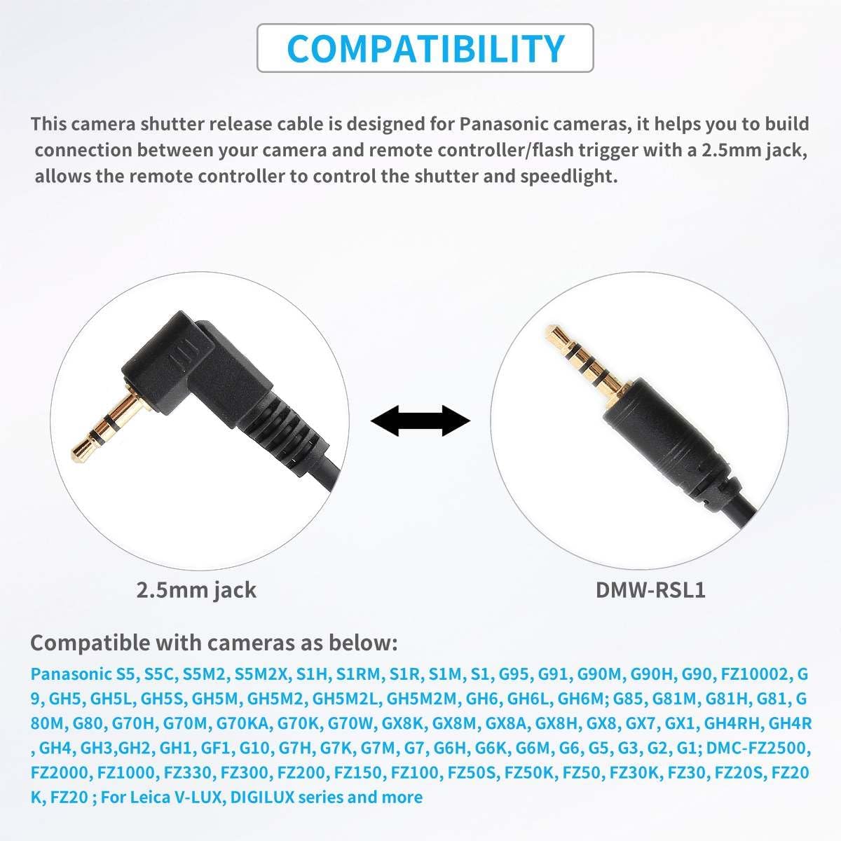 Keabroir 2.5mm L1 GH4 GH3 GH2 GH1 DMC-FZ2500 FZ2000 to Camera Shutter Release Cable Remote Control Cord Speedlight