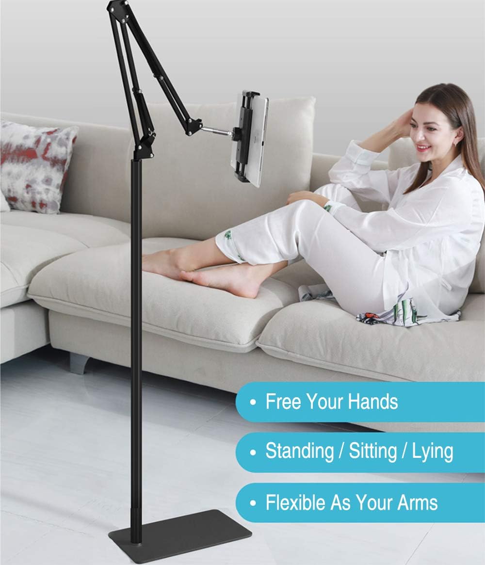 Elekpopu 5LB Tablet Floor Stand with Metal Base, Overhead Bed Phone Stand Angle Height Adjustable Holder, Universal