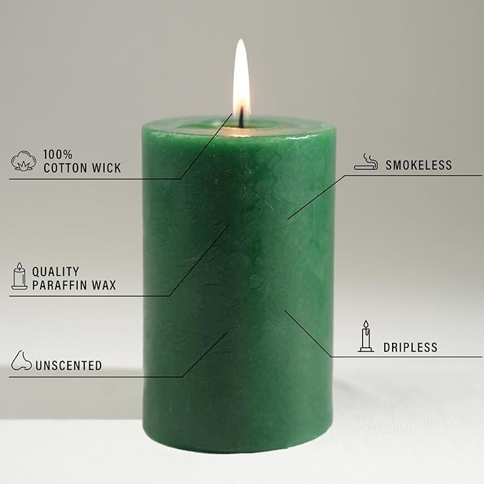 Green Pillar Candles - 6 Packs, 2.8x4 Inch, Unscented Pillar Candles Bulk, 56 Hours Long Burning Candles, Dripless & Smokeless Large Green Candles for Christmas Decor, Fireplace, Christmas,Advent