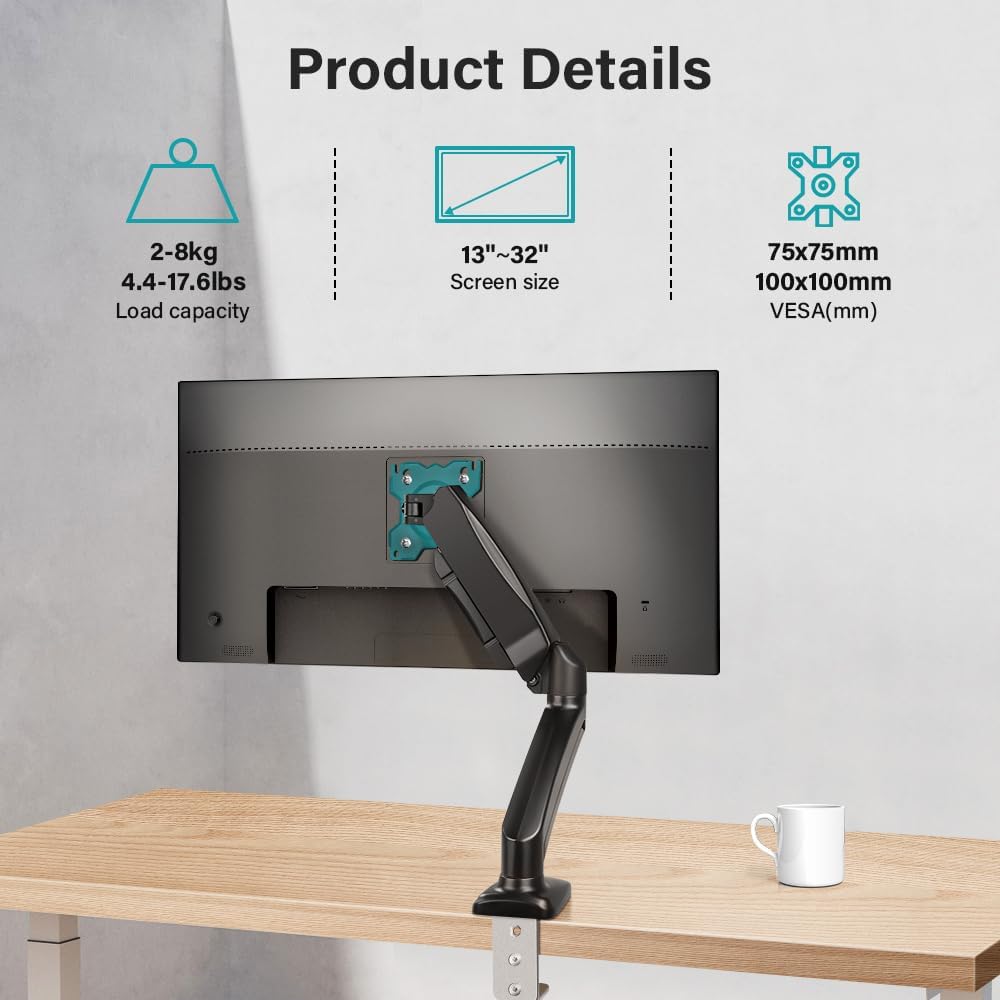 BFTOU 32 inches 17.6 lbs, Grommet Black Single Monitor Arm Adjustable Stand Monitor Mount up to and Computer Desk Mount