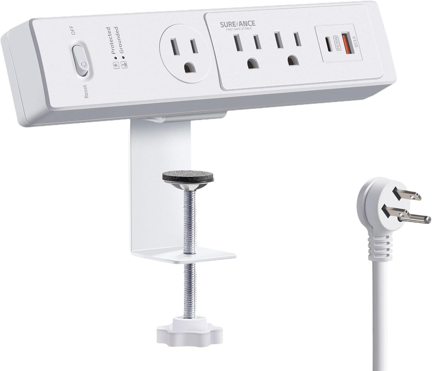 SUREANCE 50W 30W 2.5" 980J 20W 6FT Desk Clamp Power Strip with USB-C PD, Desktop Mount Surge Protector, Fits Max Table