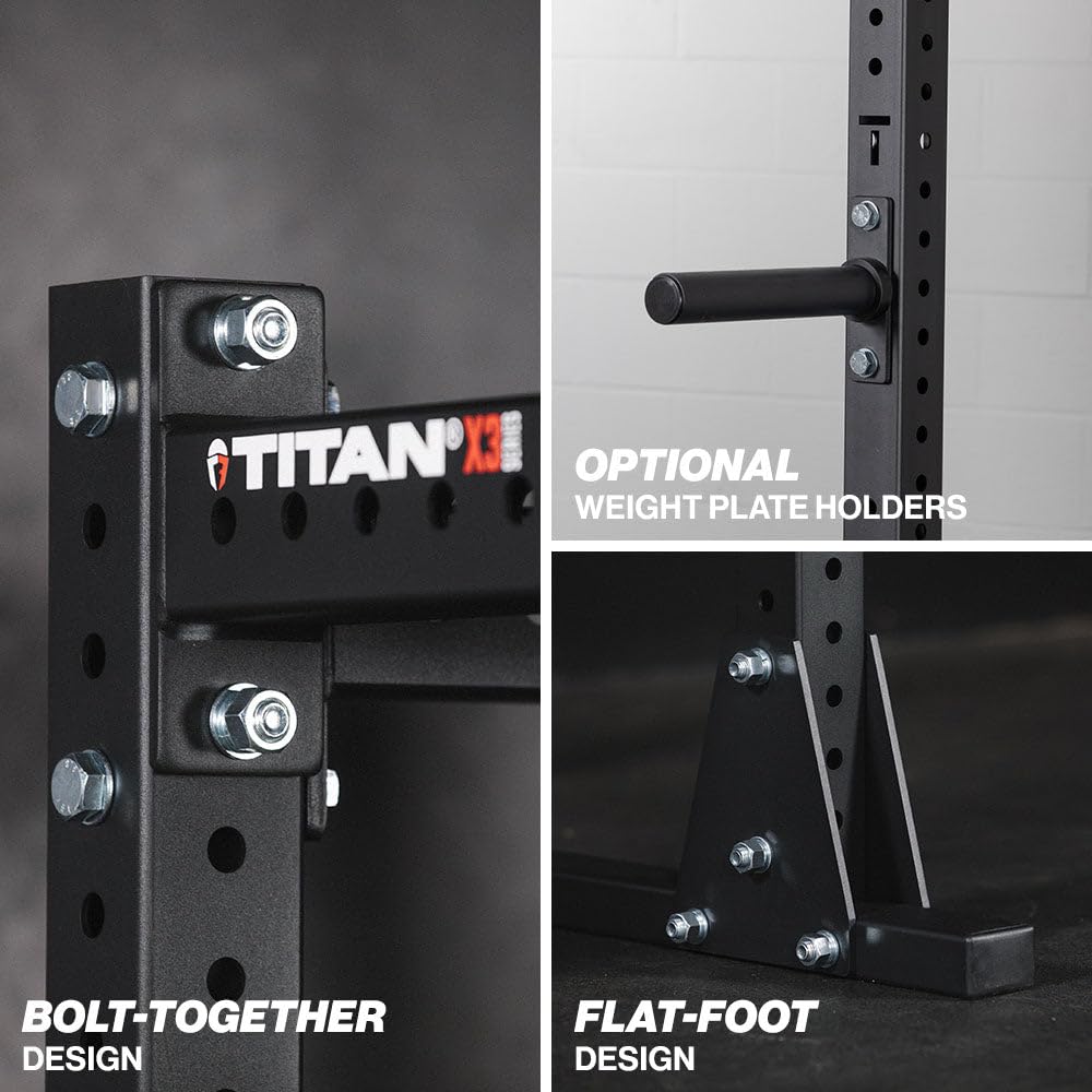 Titan Fitness X-3 Series Flat Foot Power Rack, 82" H x 30" D, 1,650 LB Rackable Capacity, Skinny & Fat Pull-Up Bars, Standard J-Hooks, for Home Garage Gym Weightlifting and Strength Training