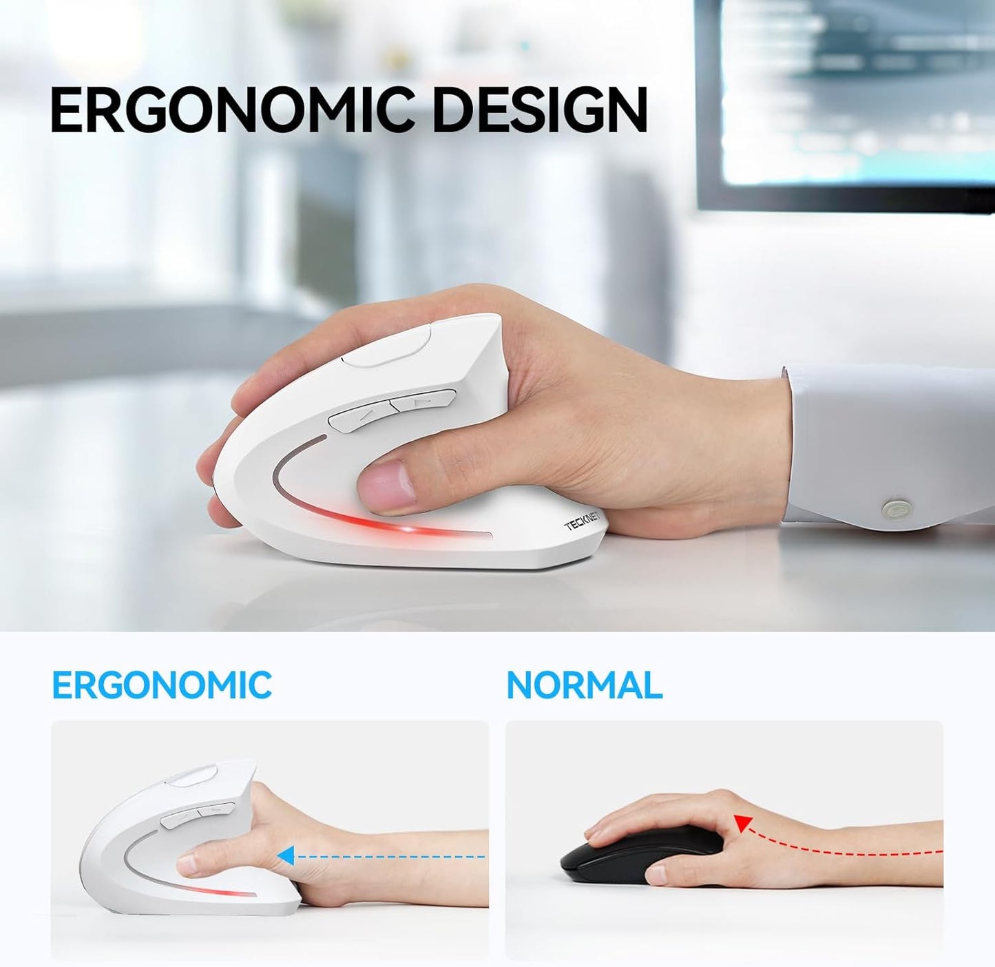 TECKNET 4800 6 2.4GHz 12 6 Ergonomic Mouse, Wireless Bluetooth Vertical Mouse, DPI Optical Tracking, Adjustable DPI