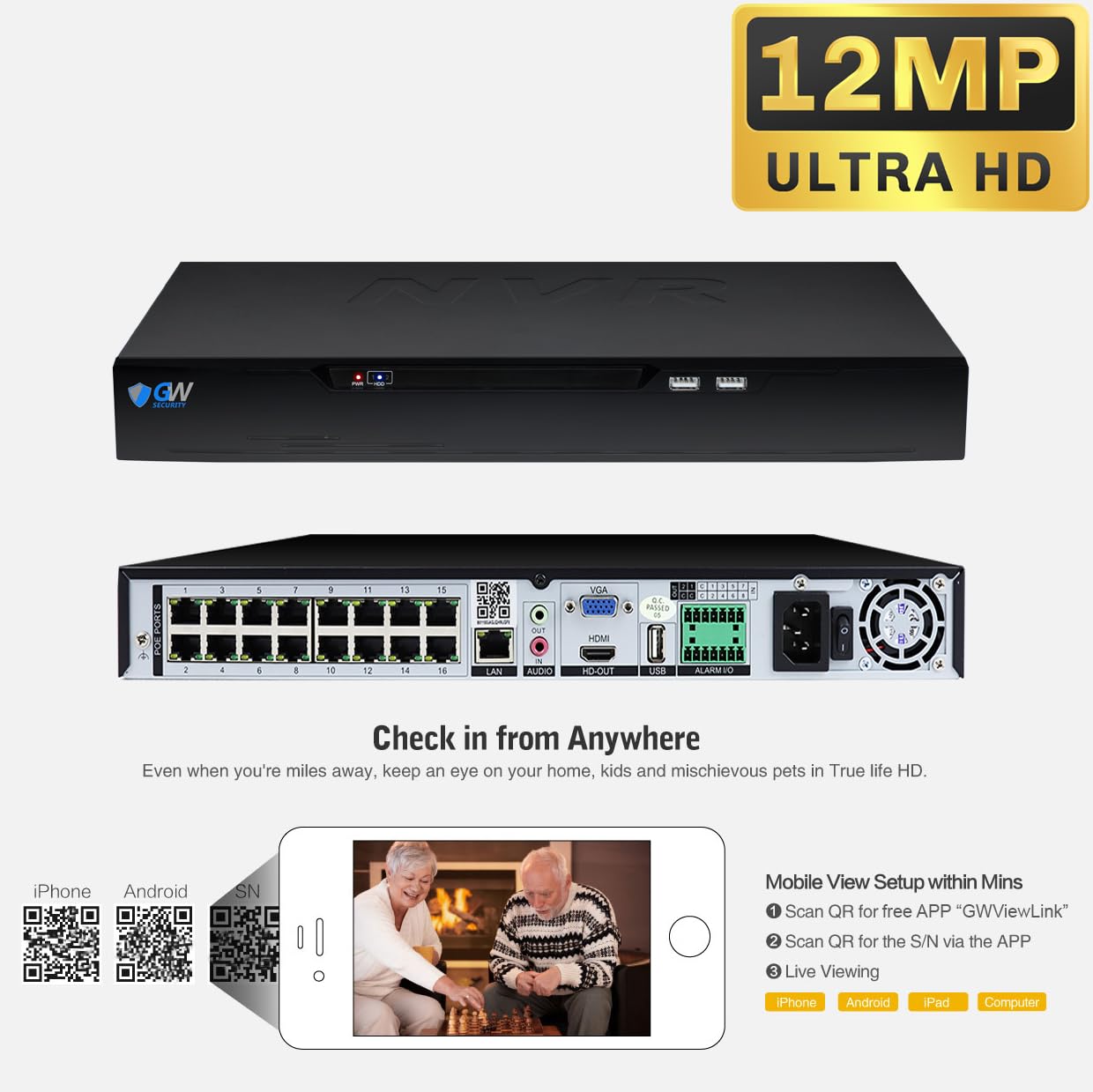 GW Security 16 Channel NVR UltraHD 4K Face Recognition NDAA & TAA Compliant Security Camera System with 12 x 8MP @25FPS Outdoor & Indoor PoE Dome Cameras, 10 Smart AI Functions