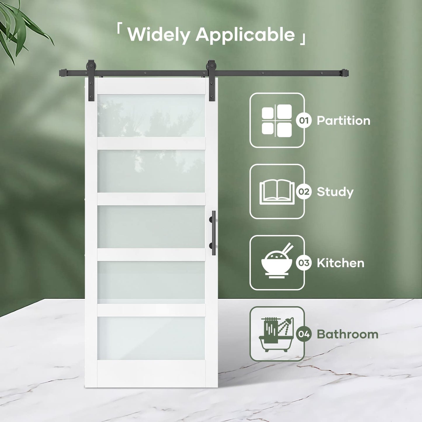 Fredbeck 36in x 84in White Glass Barn Door with 6.6FT 79inch Sliding Doors Hardware Kit Included & Handle,PVC Surface,Need to Assembly,Water-Proof