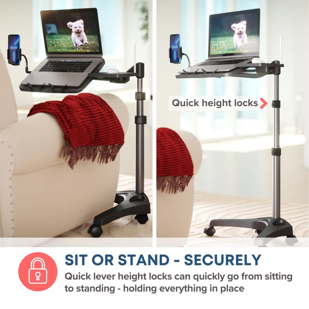 LEVO G2 V16 Rolling Laptop Workstation Stand Cart with Mouse Tray and Phone Holder for Bed Couch Recliner or Chair, Adjustable Mobile Desk for Remote Office Reading and Study