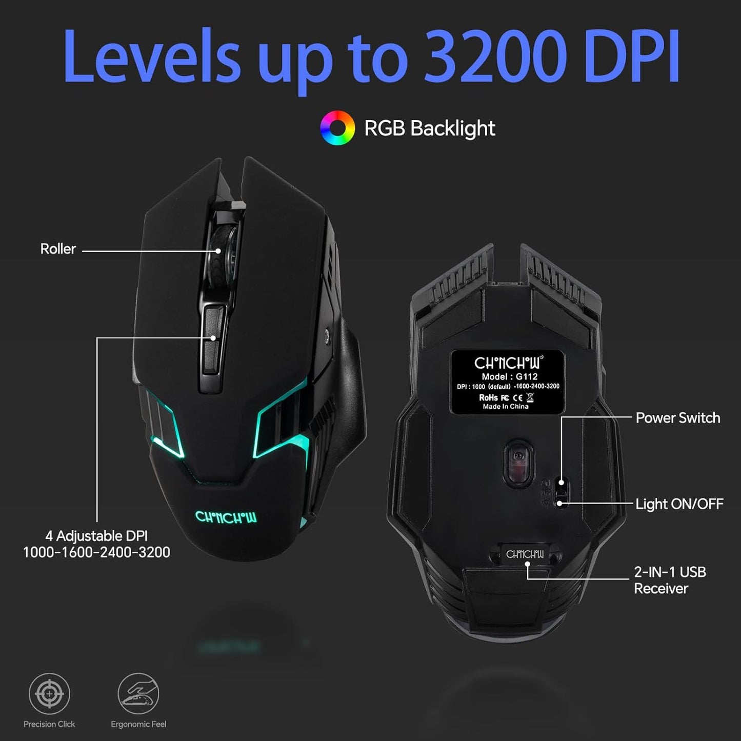 CHONCHOW 2.4G Wireless Keyboard and Mouse Combo - Rechargeable USB Rainbow LED Backlit Wireless Gaming