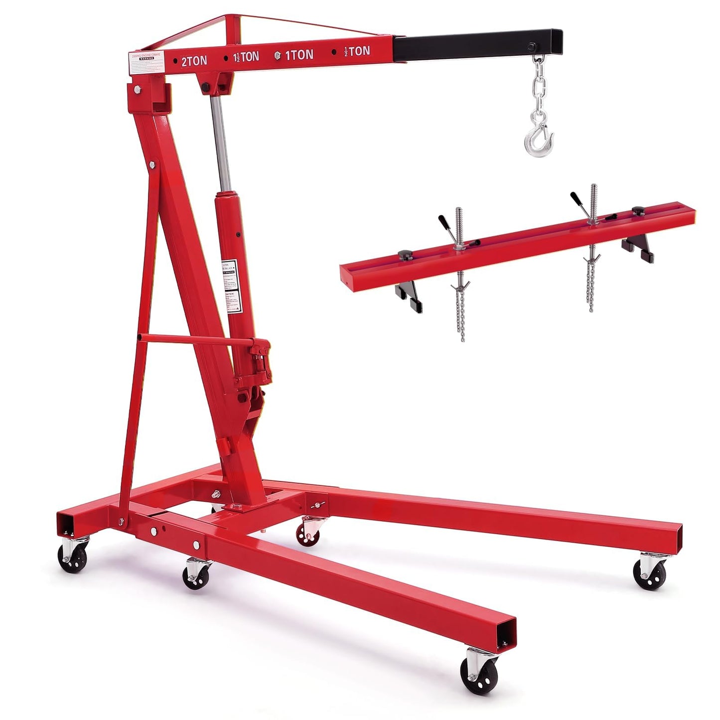 2 Ton Folding Hydraulic Engine Hoist with 59 in Load Leveler 4400 LBS Capacity Heavy Duty Cherry Picker 6 Swivel Wheels,Engine Support Bar 1100 LBS Capacity for Garage Workshop Warehouse Red