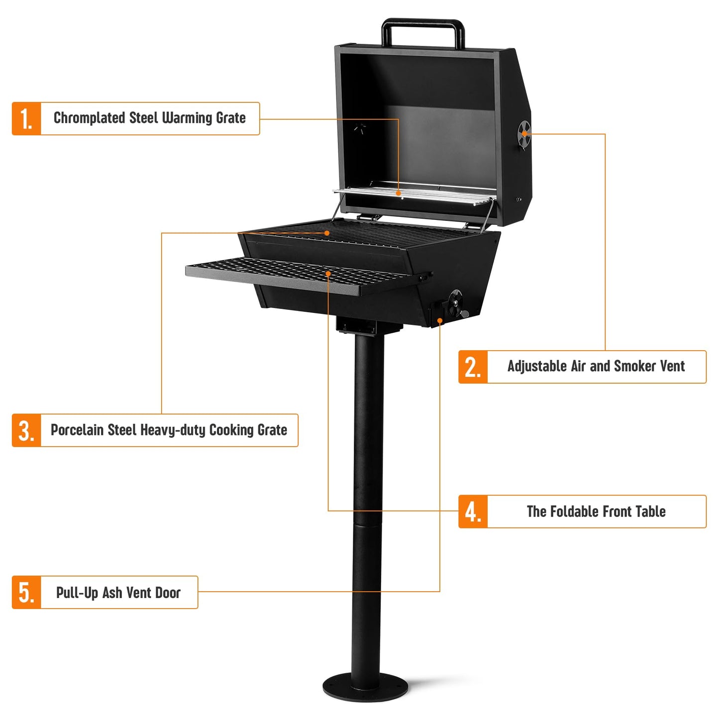 Stanbroil Park Style Charcoal Grill with Cover, Portable Park BBQ Grill Heavy Duty Porcelain Steel Cooking Grate, Folding Front Table, Stand Post for Backyard, RV Cooking, Camping, Tailgating