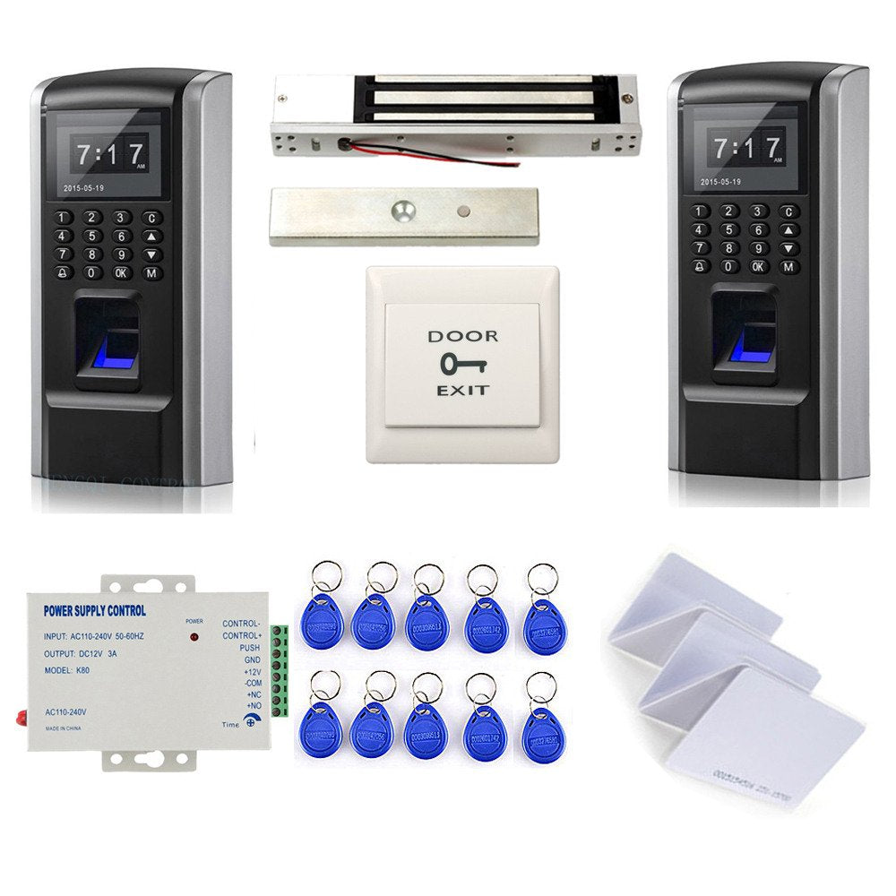 MENGQI-CONTROL Tracking in and Out Biometric Fingerprint/RFID/PIN Access Control System with 600LBS Force Electric Magnetic Lock + 110-240V Power Supply+RFID Cards+ Keyfobs+Exit Button