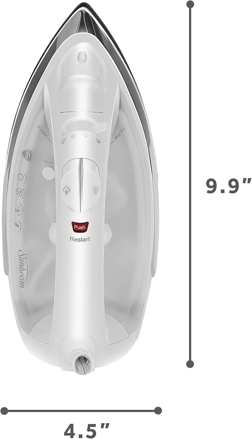 Sunbeam Classic Steam Iron - 1200 Watt Anti-Drip Nonstick Soleplate | 8' Swivel Cord & Auto Shut-Off, White