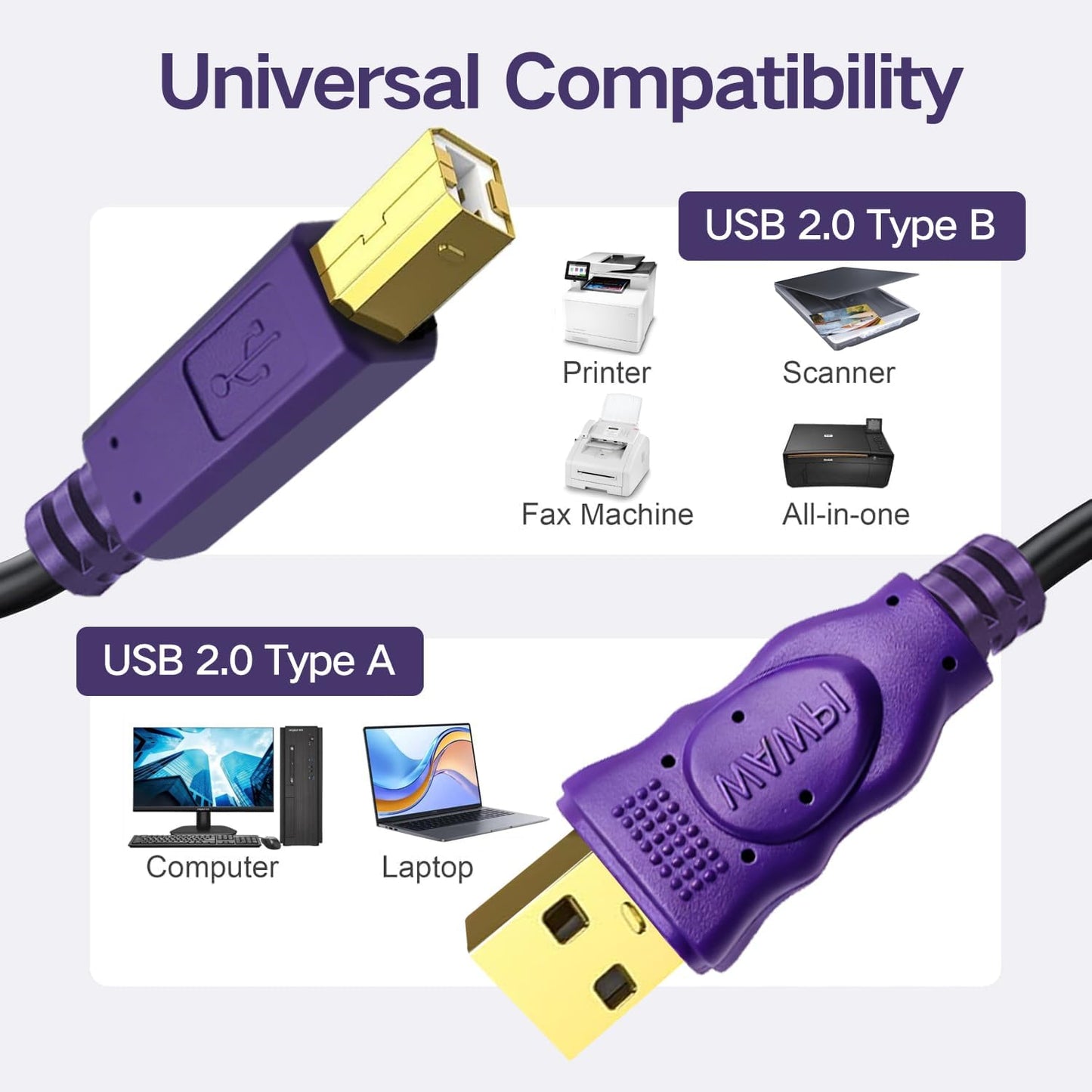 2.0 (30 Printer Cable, USB Cable A-Male to B-Male for Printer/Scanner ft)