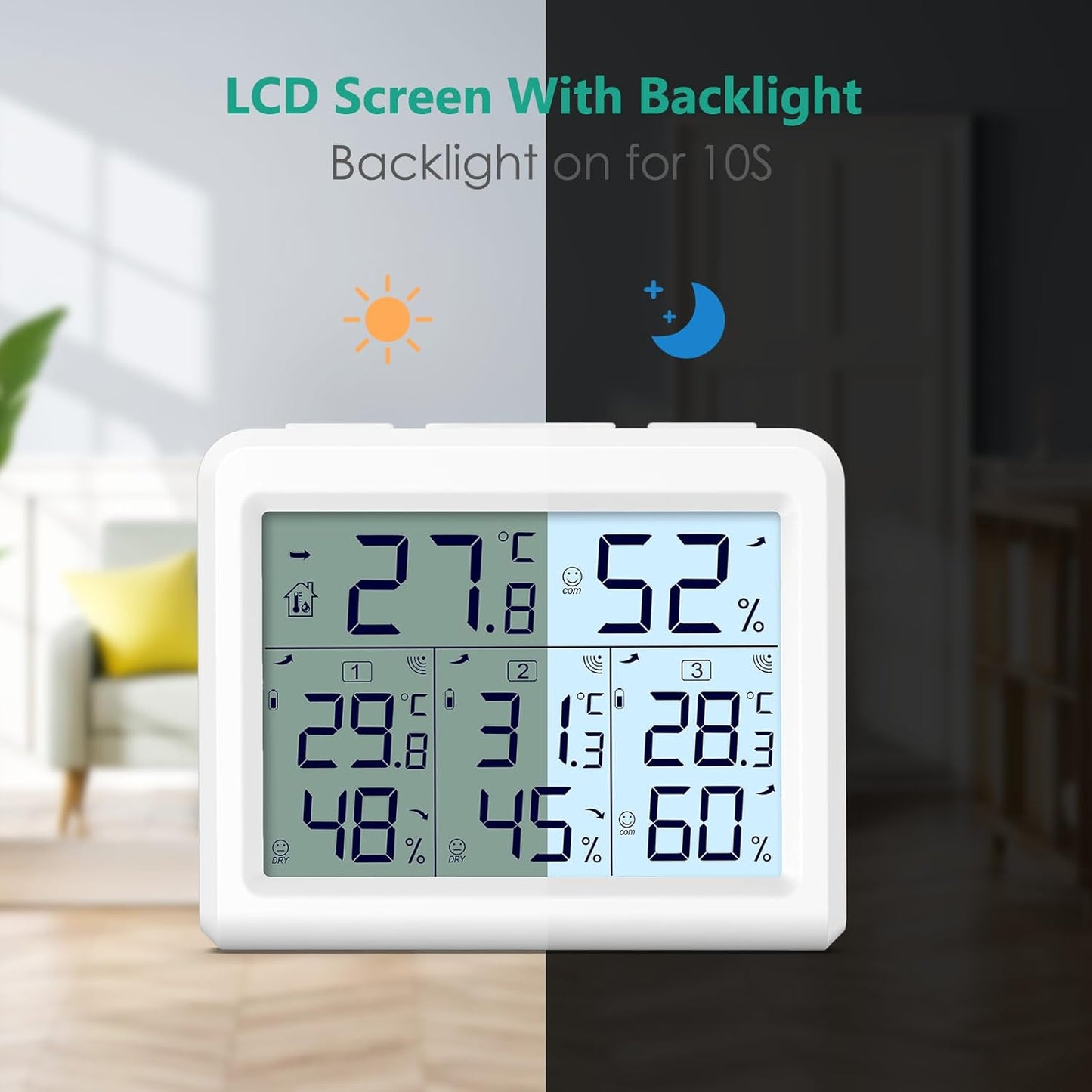 ORIA Digital Indoor Outdoor Thermometer - Wireless Temperature & Humidity Gauge with 3 Sensors | LCD Backlight, White