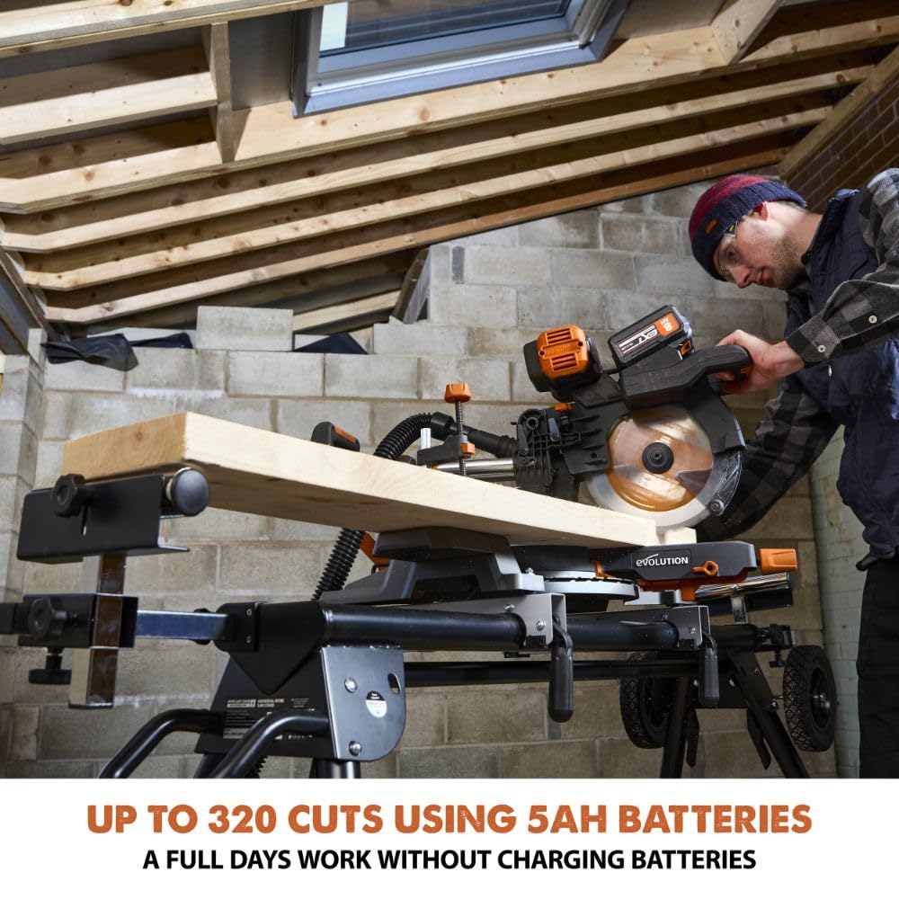 Evolution R255SMS-DB-Li Cordless Dual Bevel Sliding Miter Saw | 40V Brushless Motor | 48° Bevel, 50° Miter | Compact & Lightweight | Includes Multi-Material Blade, Battery & Charger