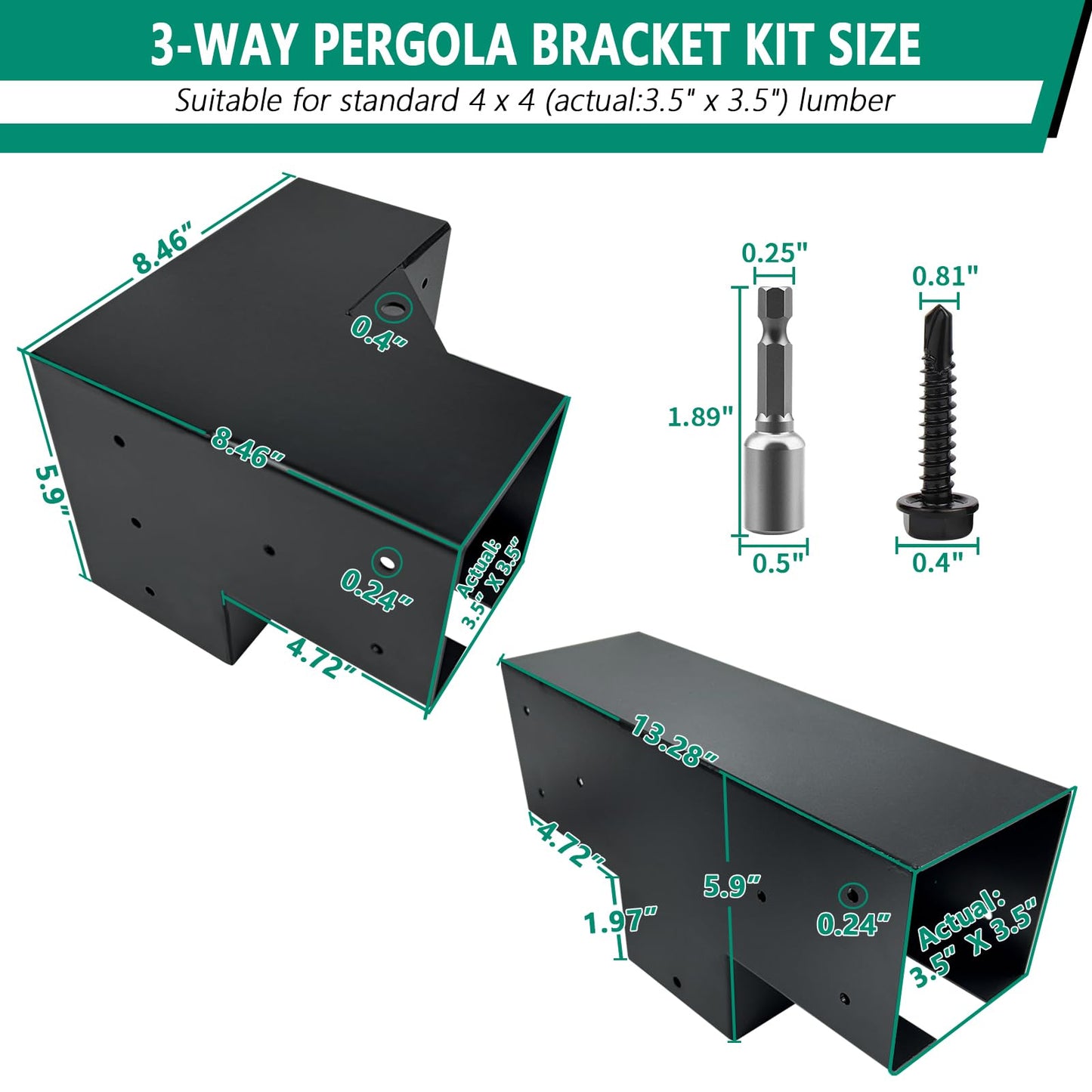 VoTwoofv Pergola Bracket kit,3-Way Right Angle Corner & T-Shaped Flat Bracket for 4" x 4" (Actual: 3.5" x3.5'') Wood Beam for Outdoor Gazebos,Patio Pergolas,Log Cabins - 6Pack