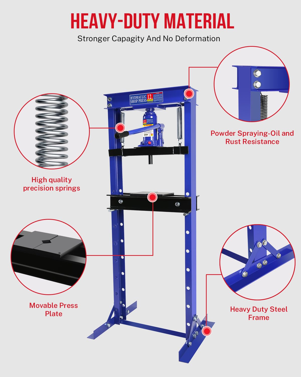 Hydraulic Press, 12 Ton H-Frame Garage Floor Adjustable Shop Press with Stamping Plates to Bend, Straighten, Or Press Parts, Install Bearings & U-Joints