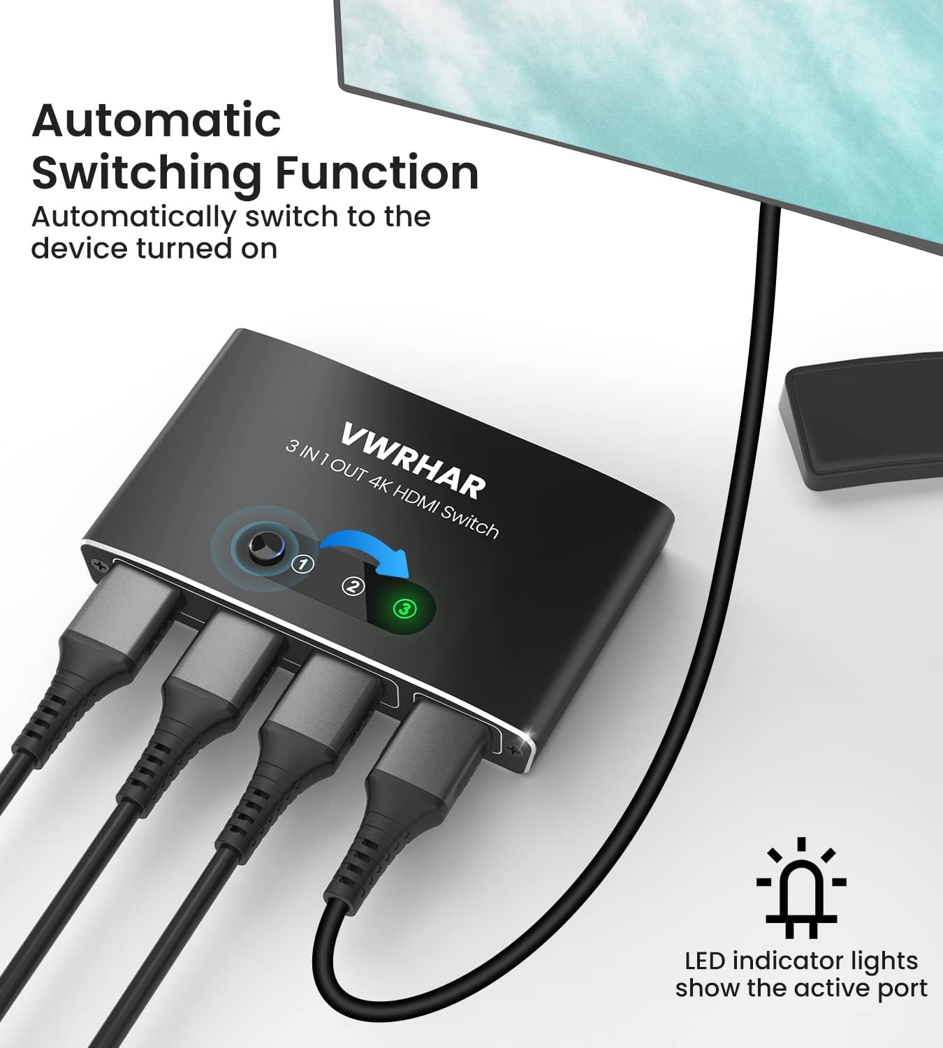 VWRHar 3 1 4K 4K 3D 1080P HDCP2.2 PS5 PS4 HDMI Switch in Out UHD HDMI Switcher Splitter, Automatic Switch with Remote