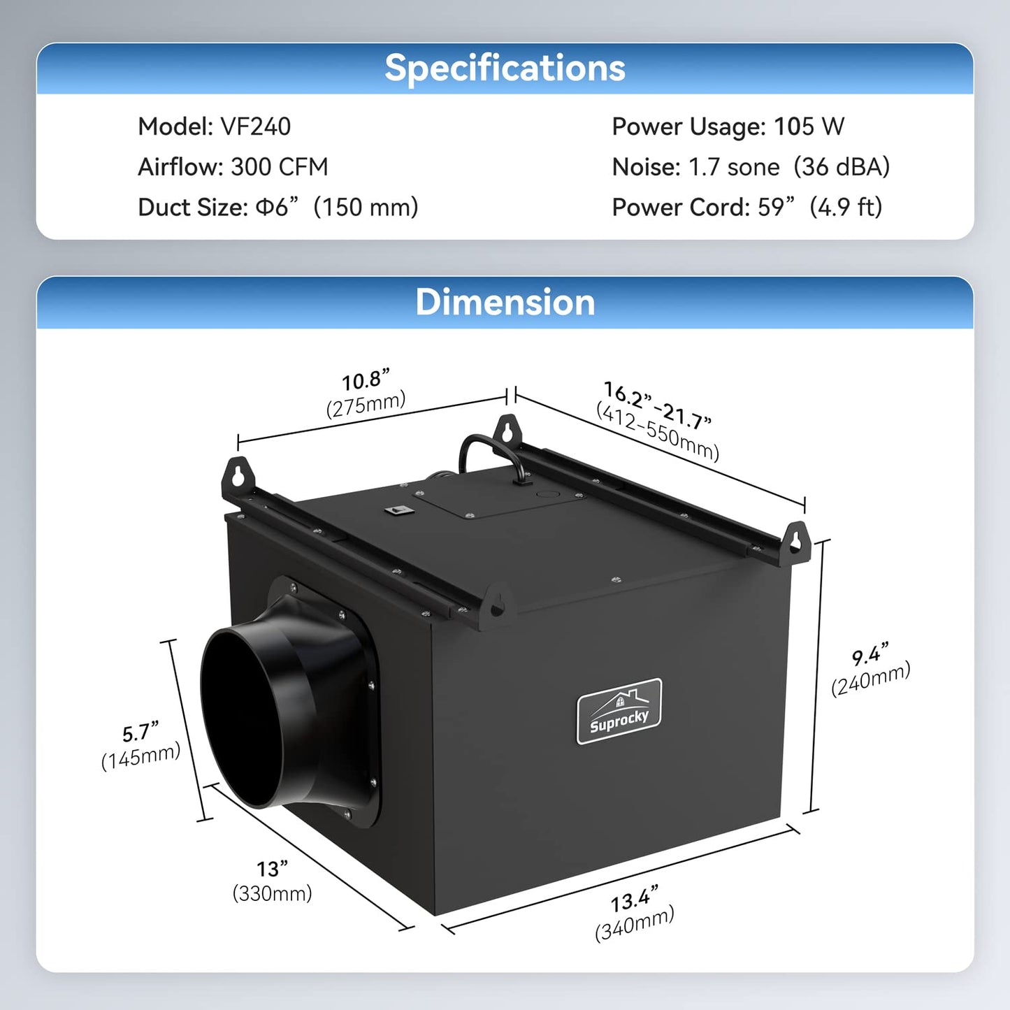 SUPROCKY Ultra Quiet Bathroom Exhaust Fan, Remote Mount In Line Fan, Exhaust Ventilation Fan for Bathroom, Kitchen, Garage and Residential Ventilation, Black, 300CFM