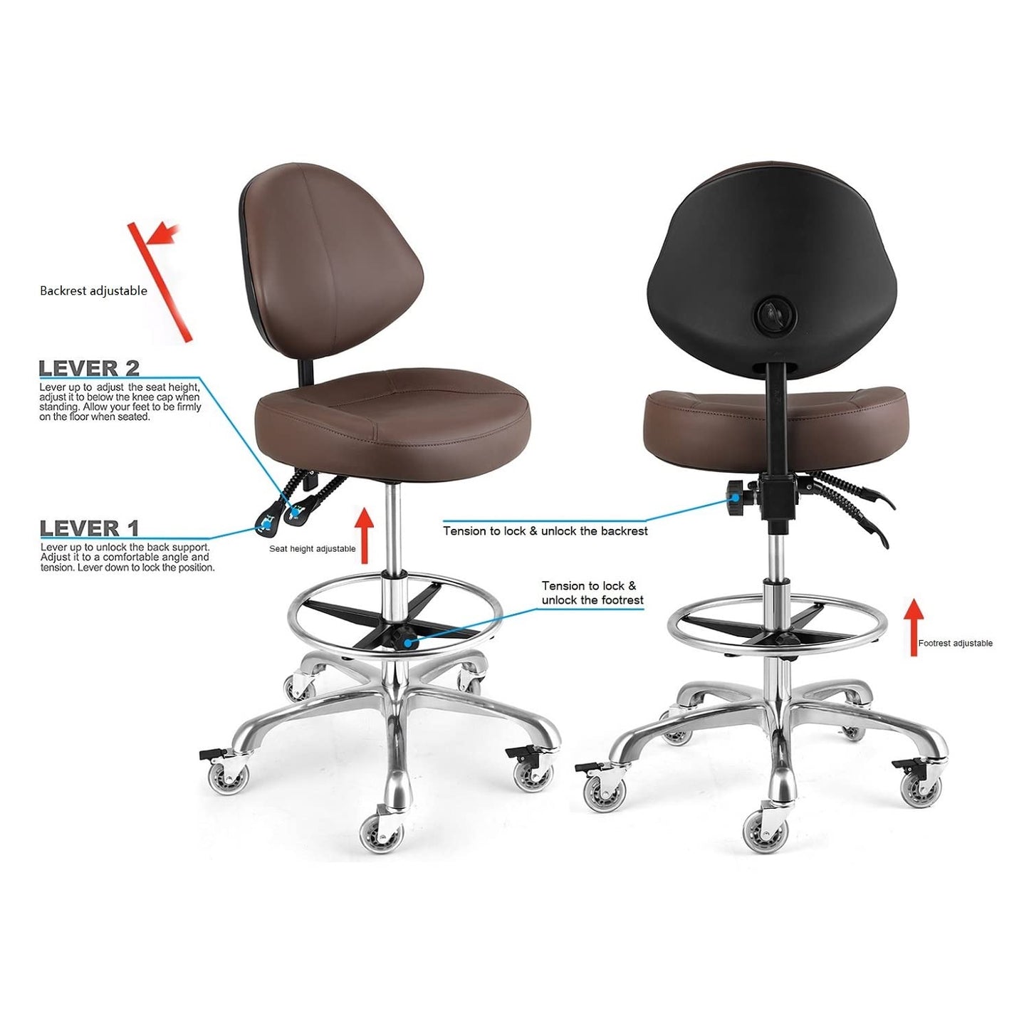 McDooFly Rolling Drafting Chair with Back Support - Tall Office Chair for Standing Desk Adjustable Foot Ring Swivel Rolling Stools for Workshop Art Studio Salon Shop Counter Home Office (Brown)