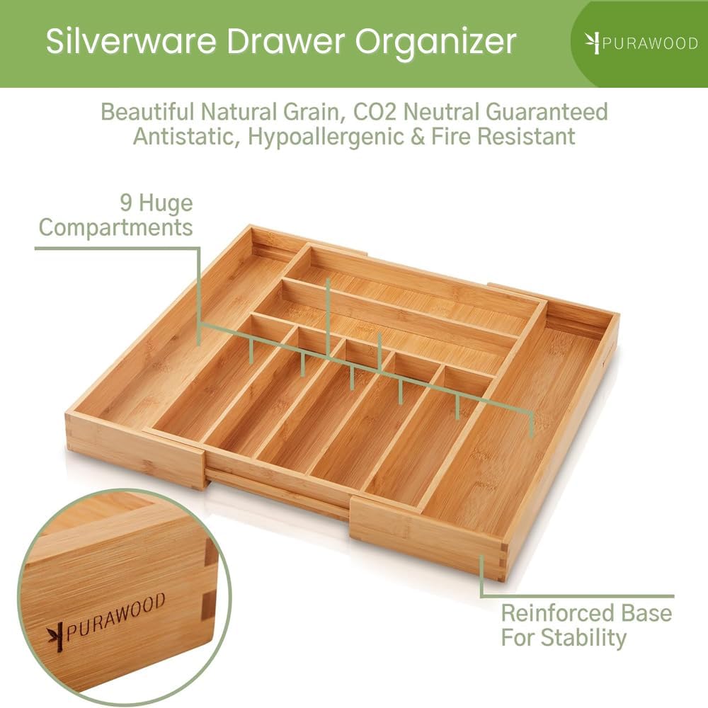 Purawood Bamboo Drawer Organizer - Expandable Cutlery Tray with Dividers | 7-9 Slot Kitchen Utensil Organizer (Natural)