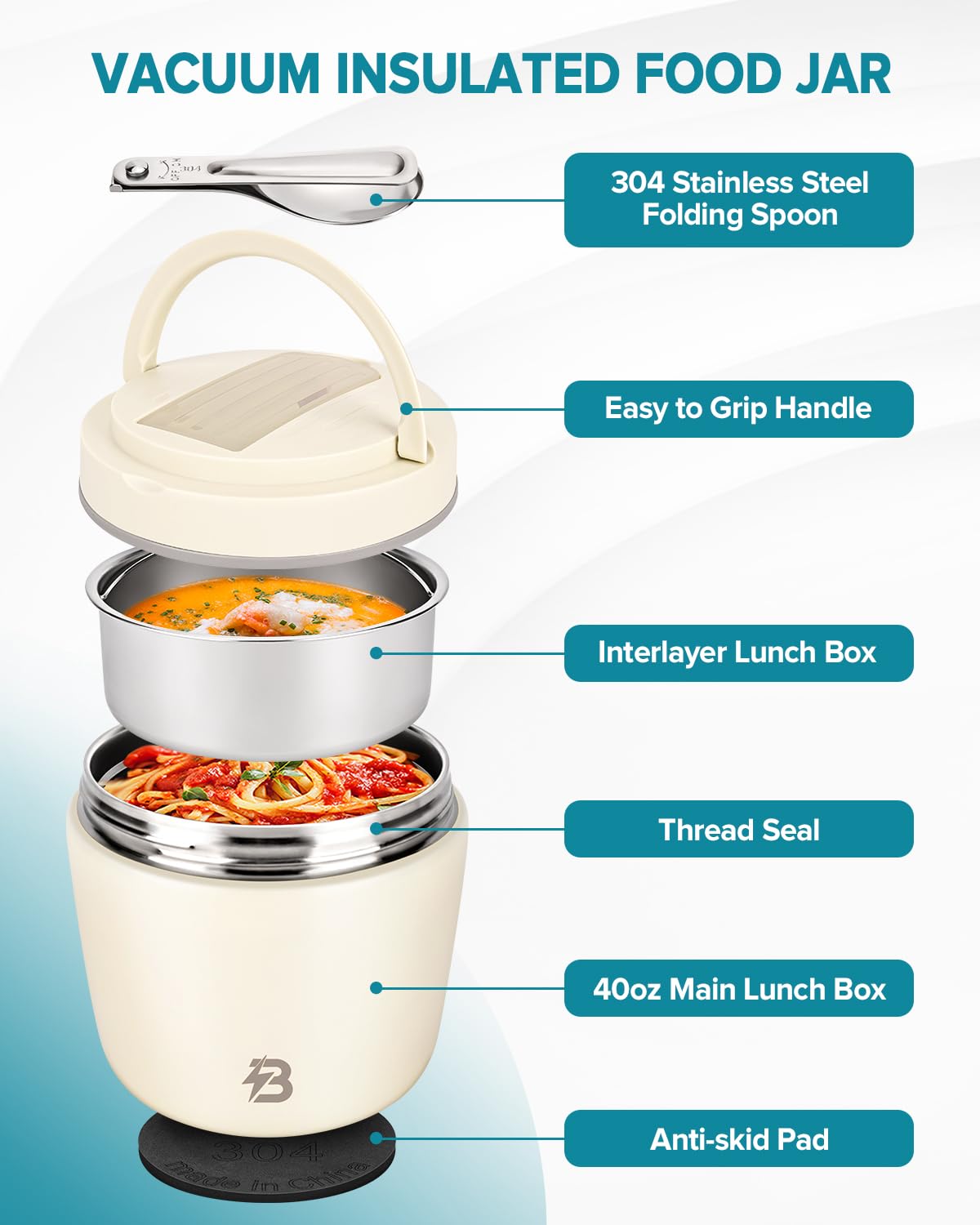 TSAKBAM Thermo for Hot Food for Adults, 40OZ Wide Mouth Insulated Food Jar with Spoon, Leak Proof Stainless Steel Lunch Soup Thermo for Food (White)