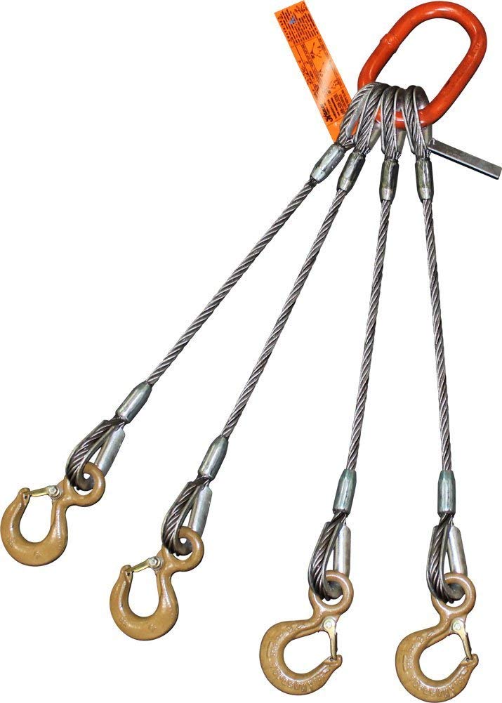 Four Leg Bridle Wire Rope Sling | 2.2 Ton Vertical Rated | Eye Hooks with Safety Latches | 1/4" Dia. | 10' Length | EIPS 6x25 IWRC | Hanes Supply (HSI) Heavy Duty Rigging Cable for Lifting and Towing