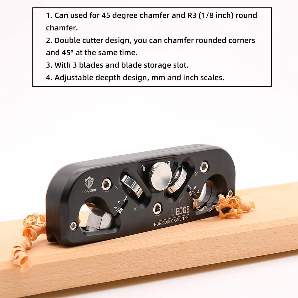 HONGDUI DJ11S 2-in-1 Chamfer & Radius Plane,1/32"(5mm) Depth Adjustable, Aluminum Alloy Edge&Radius Chamfering Plane, 3 Blades with 12 Cutting Edges for Use Woodworking Tool-1 Pcs