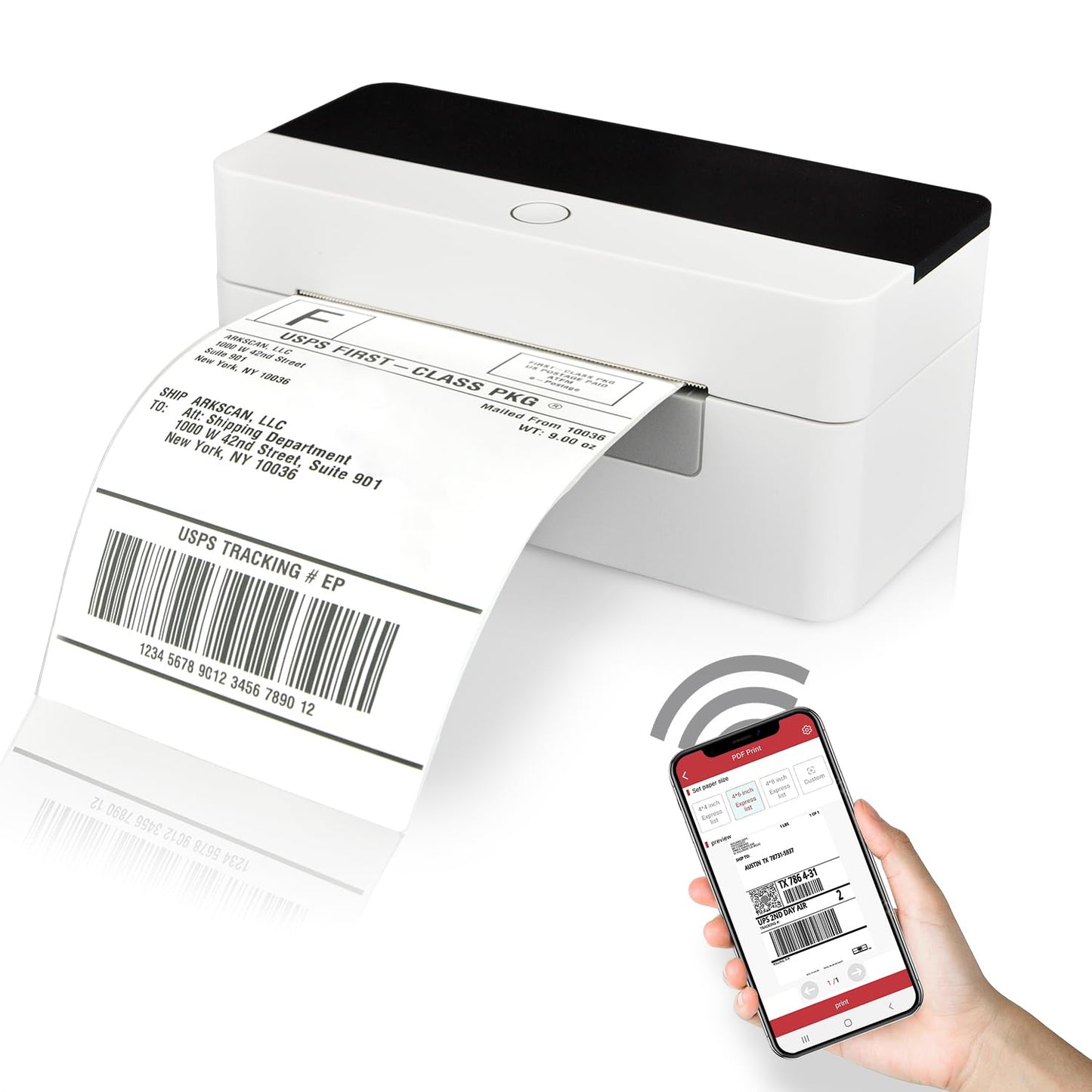 Arkscan 2054N-WF Mini WiFi Wireless Shipping Label Printer for iPhone Windows Mac Chromebook Android Support Amazon Ebay Paypal Shopify Shipstation UPS USPS FedEx Fanfold Direct Label