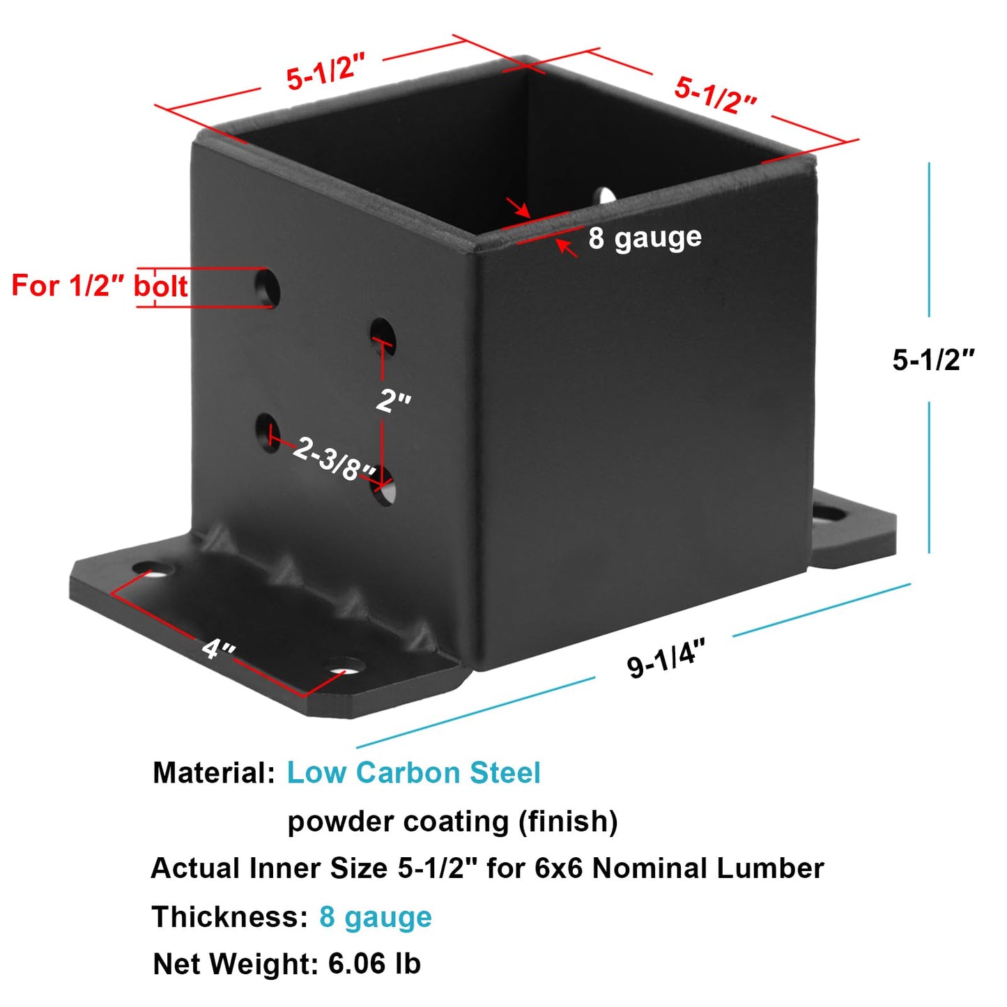 eoere 2 PCS 6x6 Post Base, 8-Gauge Heavy Duty Concrete Post Anchor Pergola Bracket for Deck, Porch Railing, Mailbox