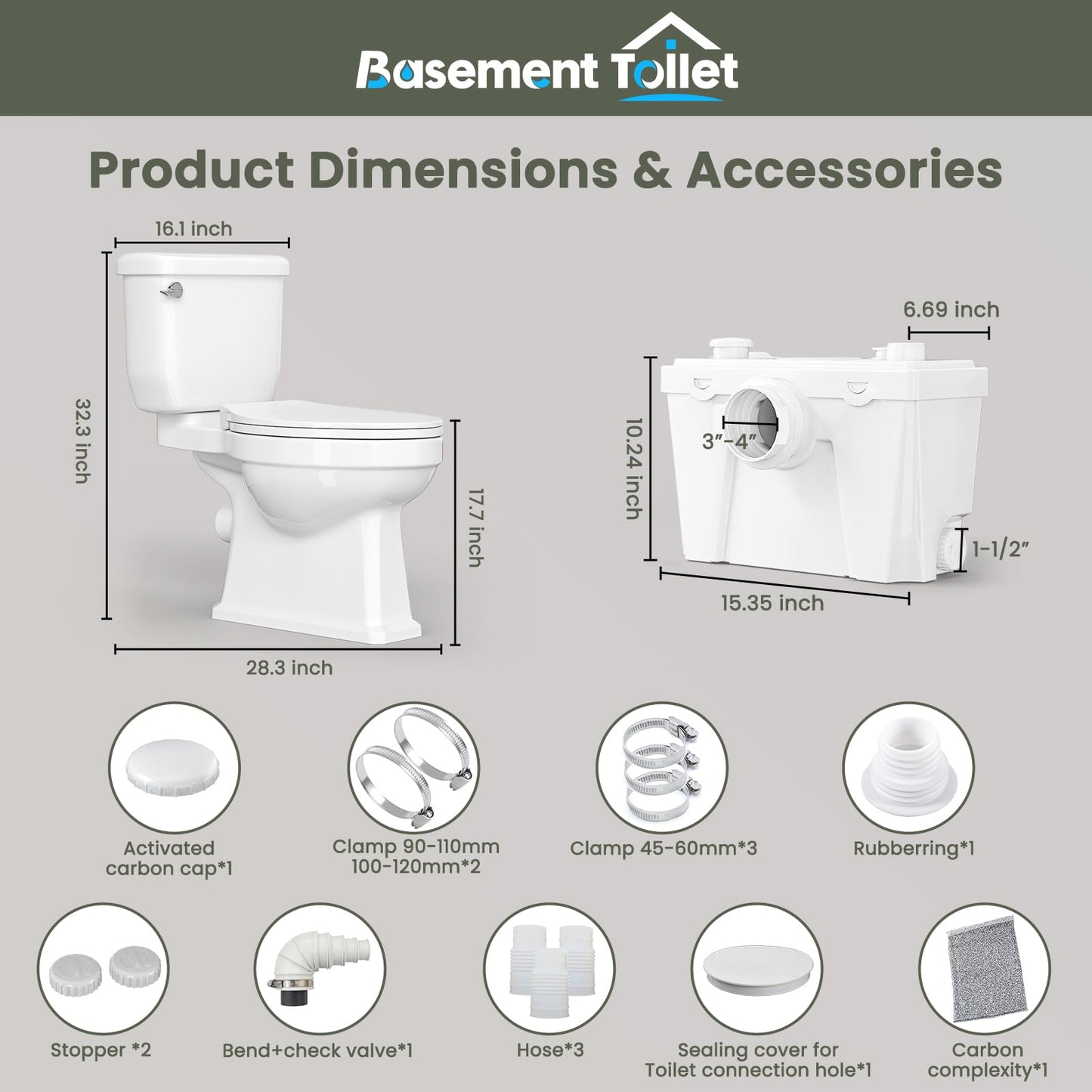 Macerating Toilet with 4 Water Inlets – Upflush Toilet System with Macerator Pump for Basement, Bathroom, Kitchen, and RV Installation – Round Bowl Toilet with Tank & Extension Pipe