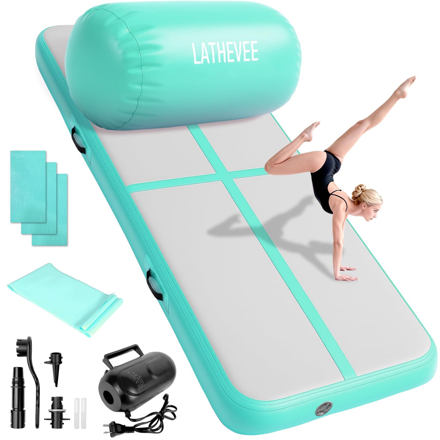 Inflatable Gymnastics Mat 10ft/13ft/ Air Training Mats+Gymnastics Barrel,4/6 inThickness Tumble Track Mat Inflatable Floor Mats with Air Pump for Tumble Gym Training Cheerleading Yoga Home Outdoor