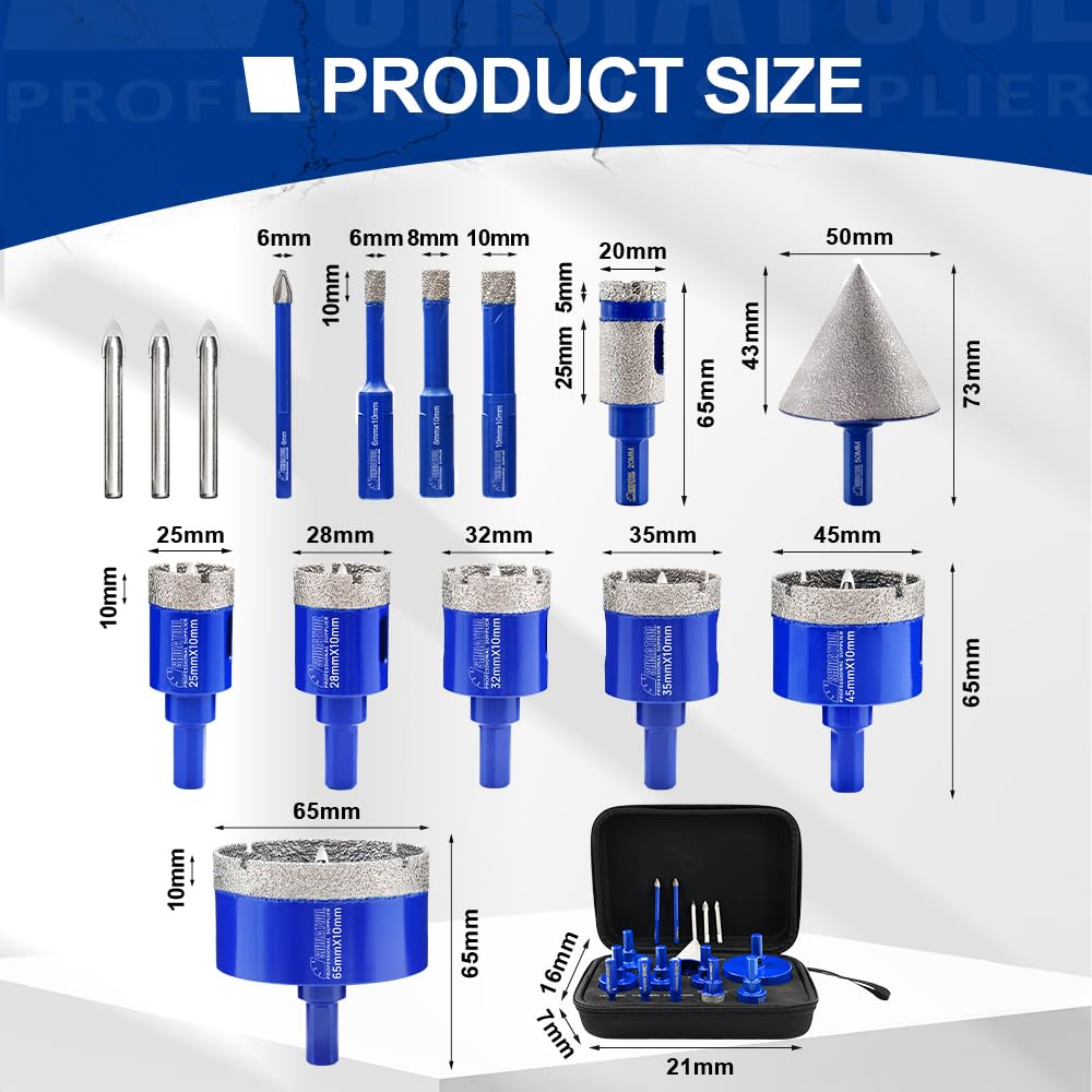SHDIATOOL Tile Diamond Drill Bits Kit, Porcelain Hole Saw Sets, Ceramic Core Bits Cutter Drilling for Stone Marble Granite 16pcs(6/8/10/25/28/32/35/45/65MM/20MM/2/6/6MM)