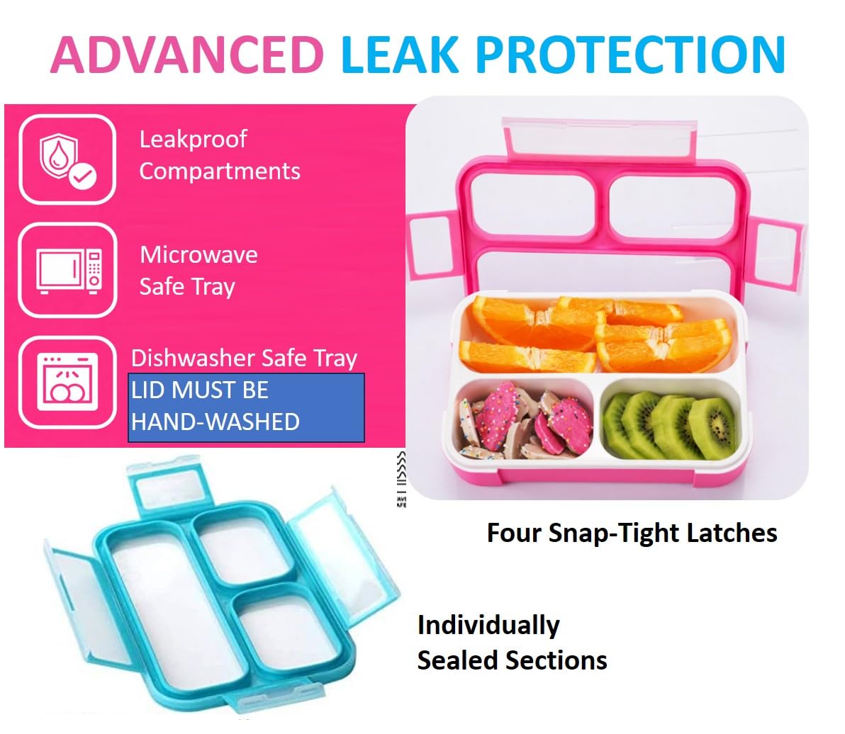 Small Snack Containers for Kids Toddlers - 3 Compartments (Set of 2) - Leak-Proof Reusable Boxes with Lids -BPA-Free Plastic Mini Bento Lunch Box - Ideal for School, Daycare - Holds 2 Cups (Pink+Blue)