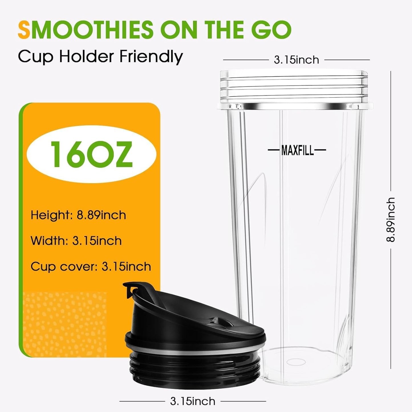 Ninja Blender Cups - 16oz Replacement 3-Pack with Lids | Compatible with QB3001SS, BL770, BL780, BL660, BL740, BL810, Nutri Ninja Series