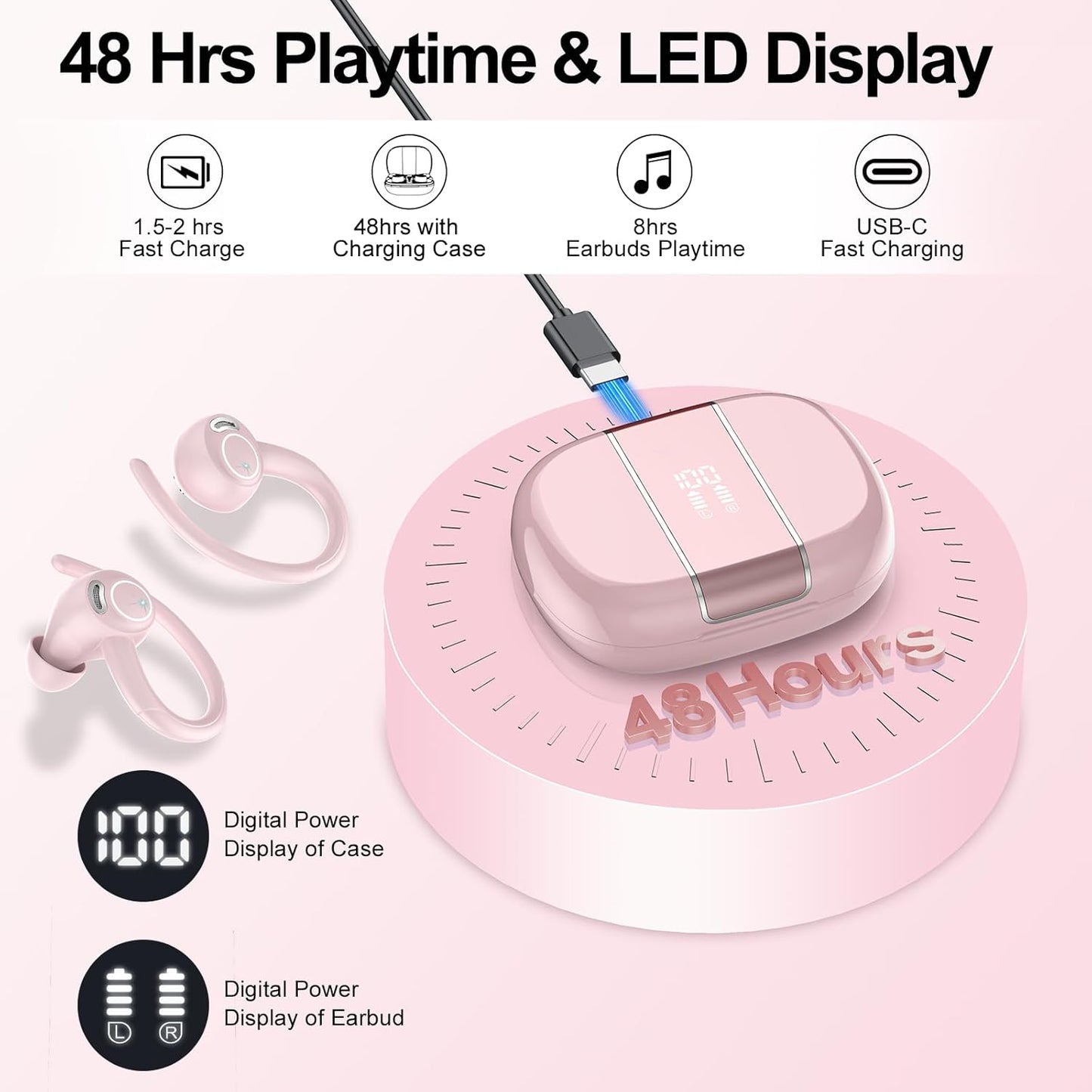 5.3 48H IPX7 Wireless Earbuds Bluetooth Headphones Sports, Earphone with ENC Mic, Stereo Deep Bass Bluetooth Earbuds