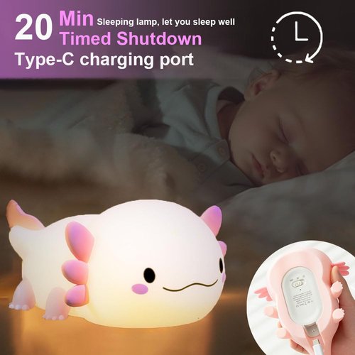 magical JD Axolotl Night Light for Kids Bedroom, Animal Silicone Nursery Night Lamp Touch Dinosaurs Nightlights USB Rechargeable Bedside Lamp for Baby Children Toddlers Girls Gift (Pink Axolotl)