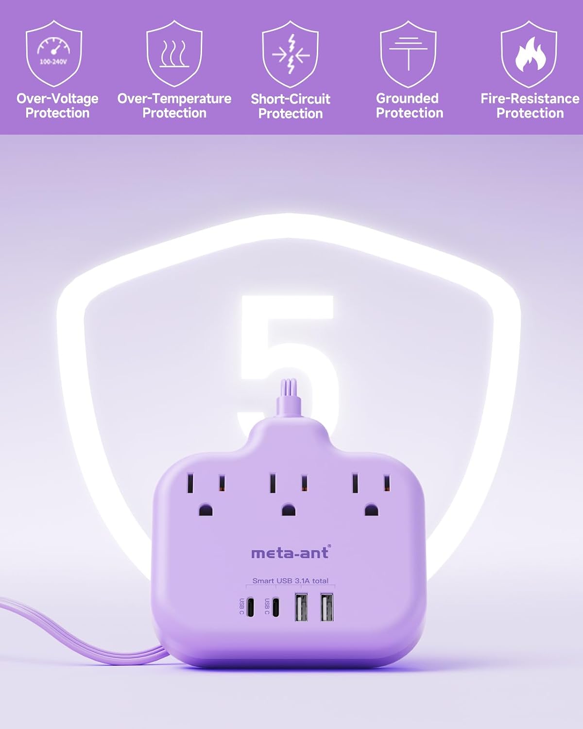 meta-ant 3 4 USB(2 1625W Purple Extension Cord with AC Outlets and USB-C) Ports, Purple Travel Power Strip, Cute Kawaii