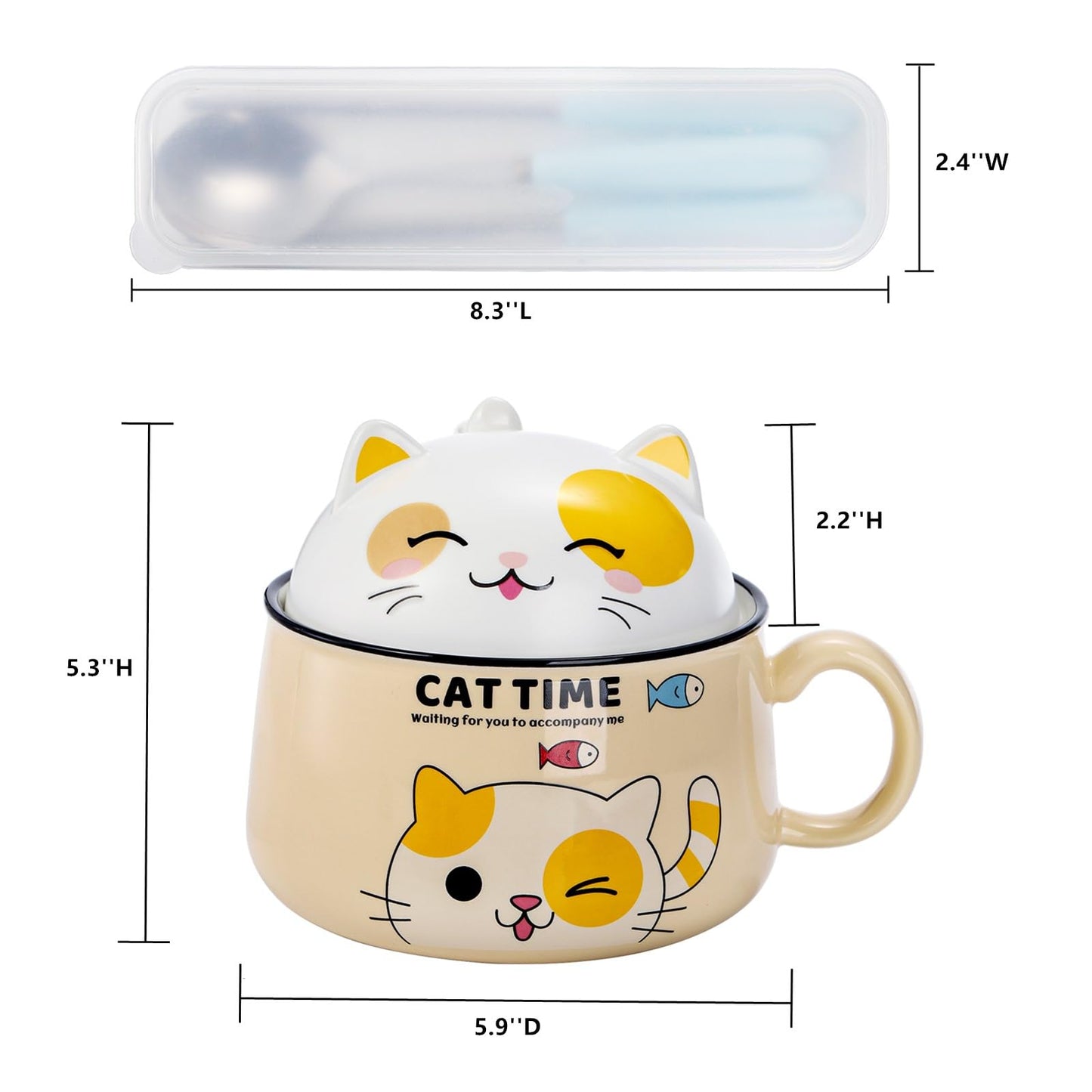 Cididu Ramen Bowl with Handle and Lid, 34.5 oz Ceramic Cute Cat Instant Noodle Bowls with Spoon Chopsticks for Dorm, Kitty Large Microwavable Japanese Soup Pot Bowl