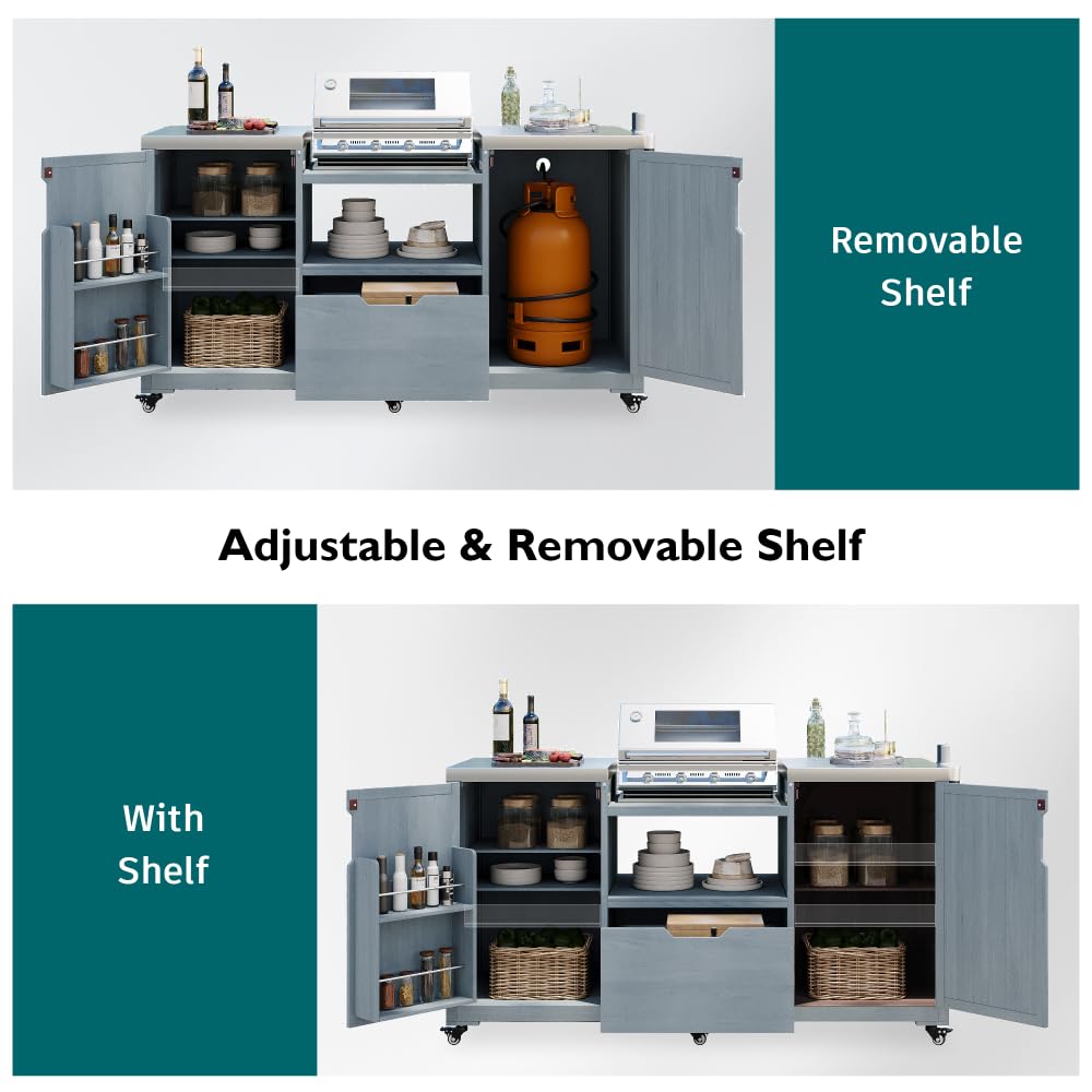 DFCHLDA 66.5" Outdoor Kitchen Island with Stainless Steel Top, Rolling Grill Cart with Adjustable Shelves, Lockable Wheels, Outdoor Table and Bar Storage Cabinet for Patio(Grey+Blue)