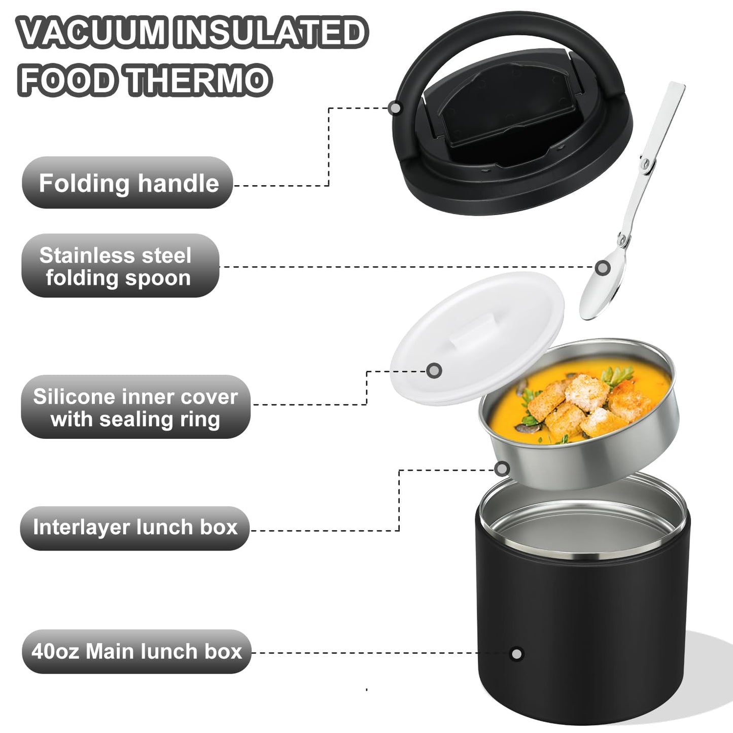 40oz Insulated Food Jar-Say Goodbye to Spills&Cold Meals|QuickLift Airtight Leak-Proof Lid Thermo for Hot Food, Wide Mouth Soup Thermos Lunch Box Container Adults|Stainless Steel with Folding Spoon