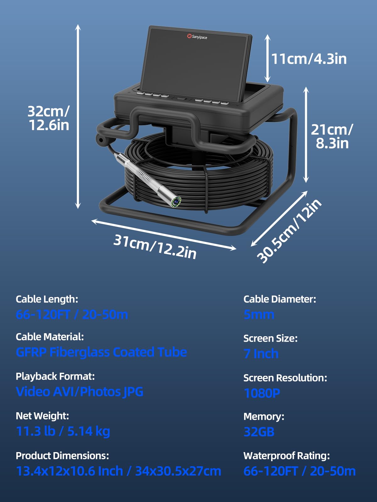 Sanyipace Sewer Camera 165FT/50M,7" IPS Pop-Up Screen Plumbing Camera, Built-in 32GB DVR with Mic&Speaker,20X Digital Zoom,Distance Counter,IP68 Waterproof Drain Camera for Plumbers Homeowners